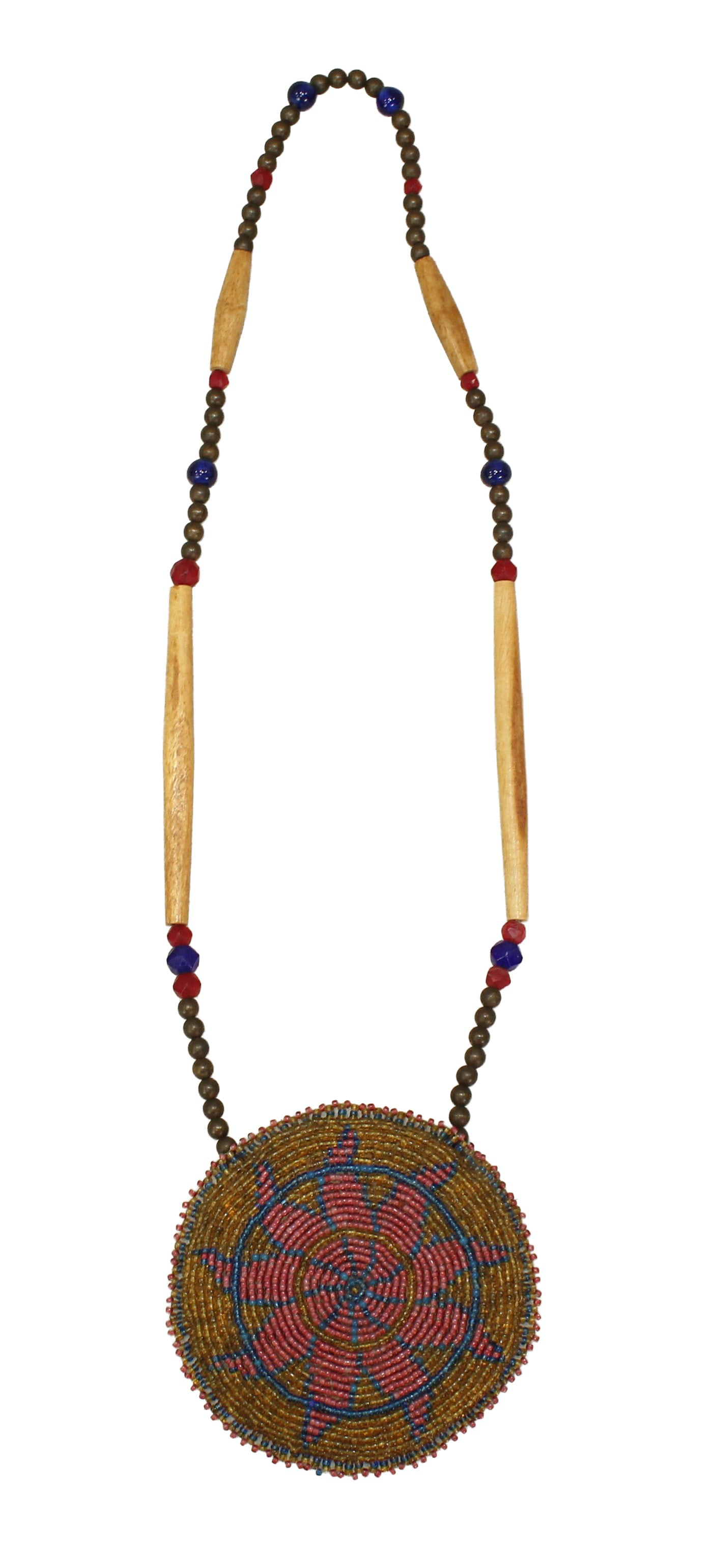 A stunning Indian hairpipe strung necklace with beautifully beaded madallion, measuring 4" in: A stunning Indian hairpipe strung necklace with beautifully beaded madallion, measuring 4" in diameter.