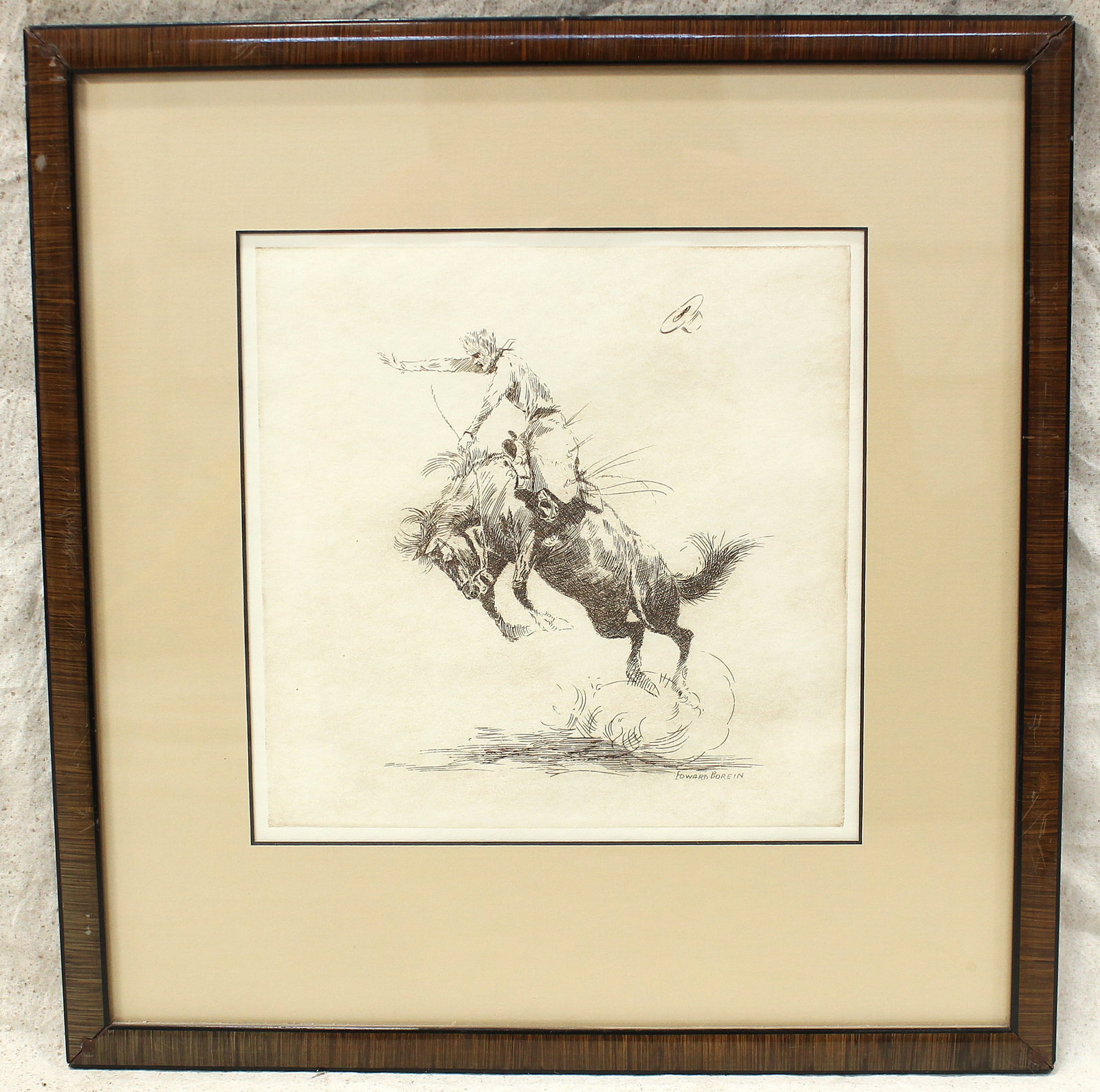 Edward Borein Etching: Beautiful Western image of bucking horse scene, with classic Borein style and appeal. Professionally matted and framed, signed in lower right and measuring 13 ½”x 14”. Linda Grimm