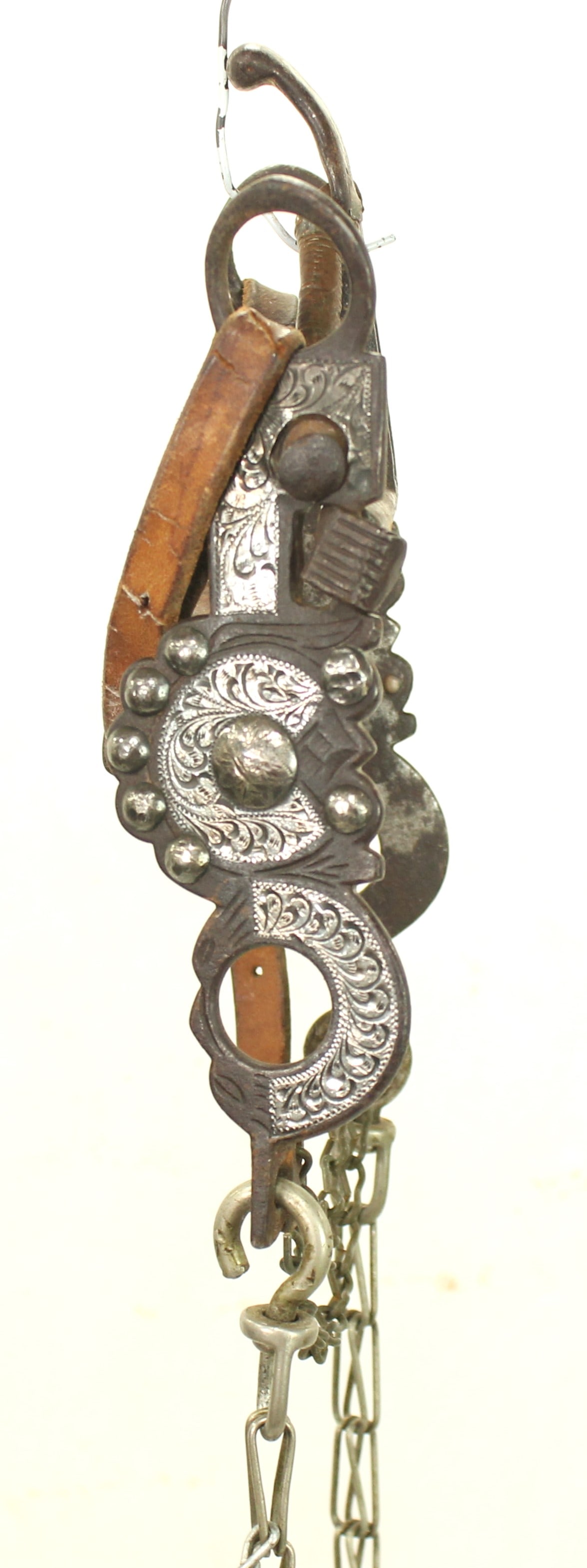 Early California Spade Bit: Well-made Western bit displaying engraved silver decoration and handsome proportions.