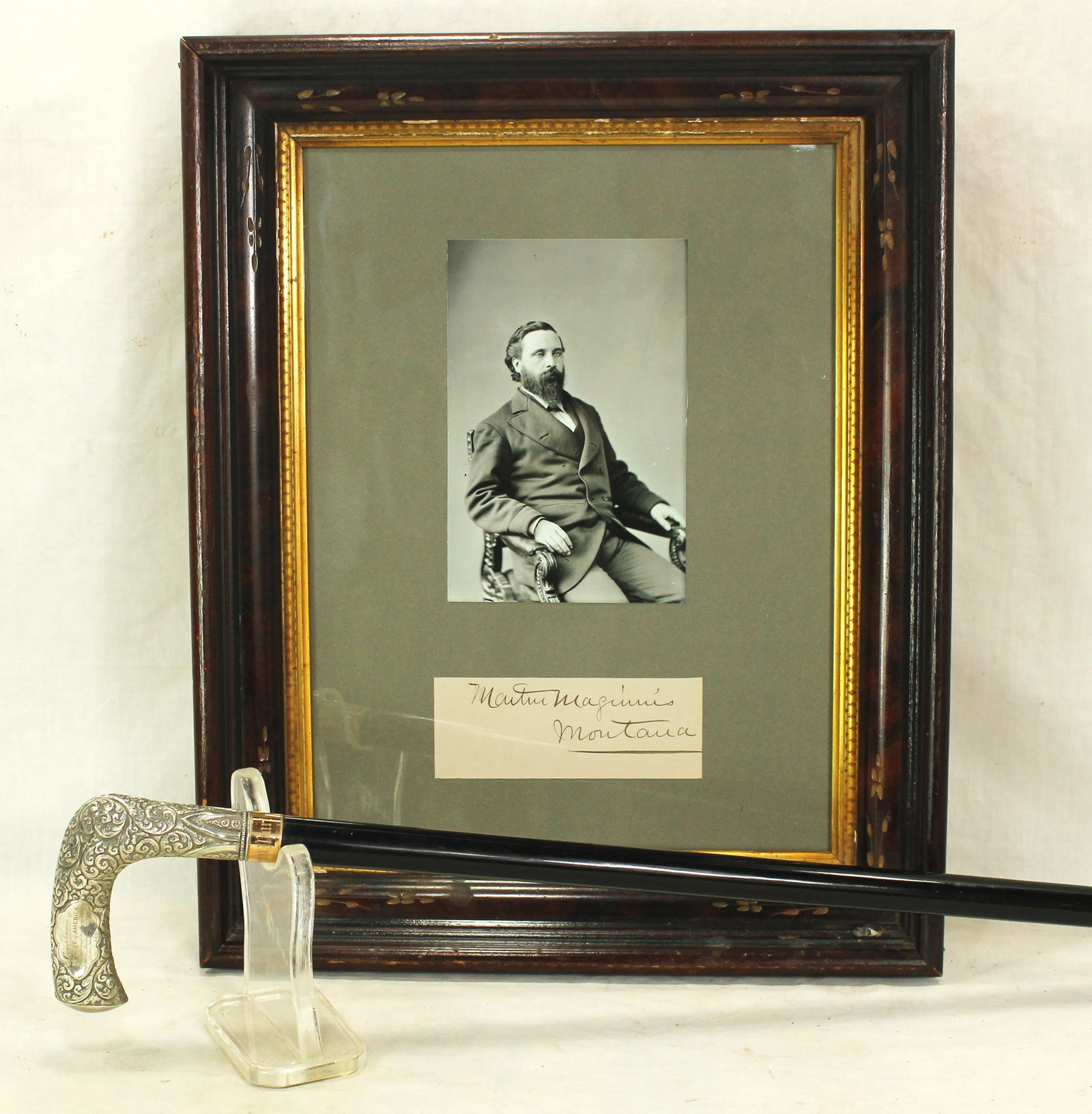 Martin Maginnis Presentation Cane: Presentation silver handled cane given to Martin Maginnis, member of the Montana Territorial House of Representatives. Given to him by the A.O.O.F.F. of America on the 2nd anniversary of their