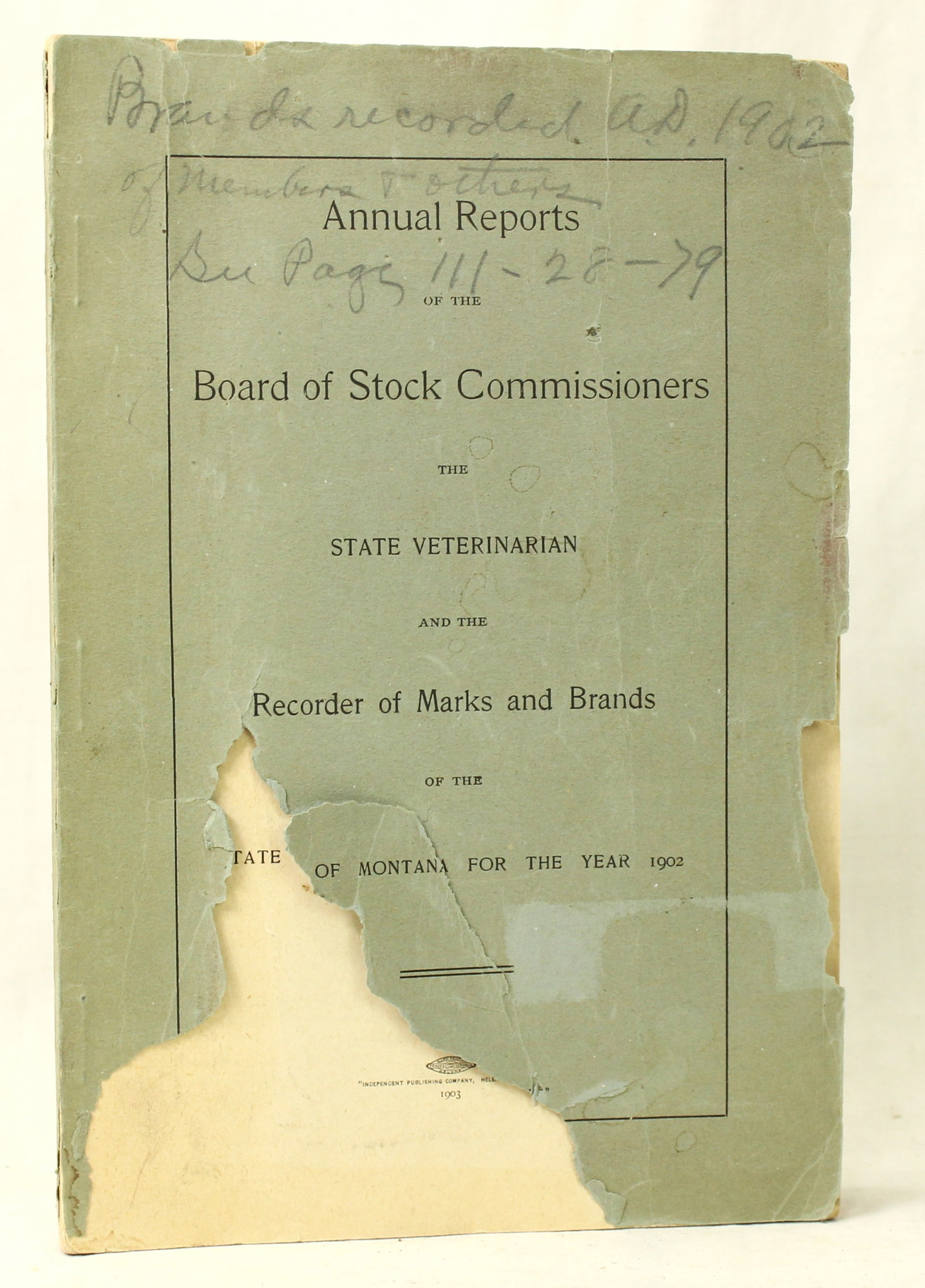 Montana 1902 Brand Book: Highly desired early Montana brand book, with great detail inside. Interior in very good condition, with torn paper cover.