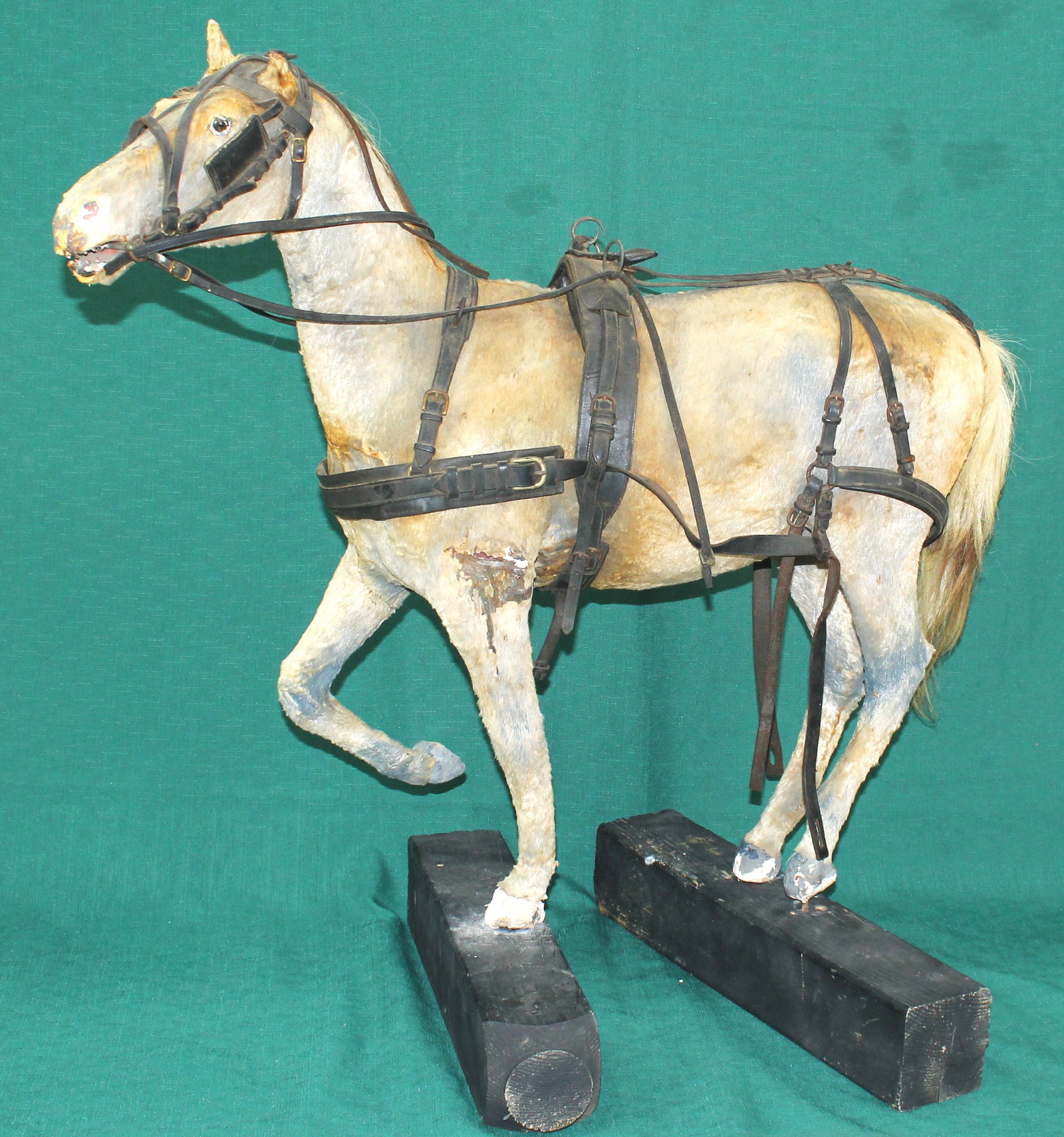 Salesman's Sample Harness Display Horse: Early horse figure taxidermy-style mounted with real horsehide with its display harness and posed in stepping stance. Extremely scarce and unusual Western decorative display piece. Measuring