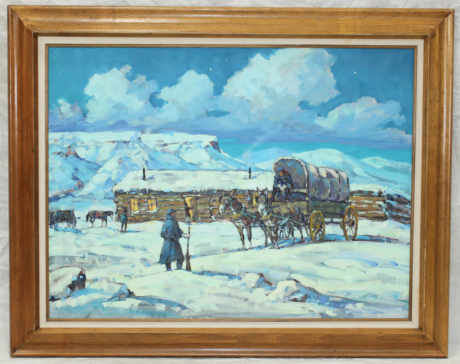 Margeree Reed Oil Painting: A pleasing extra large oil on canvas from one of our most popular Western artists, boasting brilliant color and subject. Professionally framed and nicely signed in lower right. Measuring 48”x 38