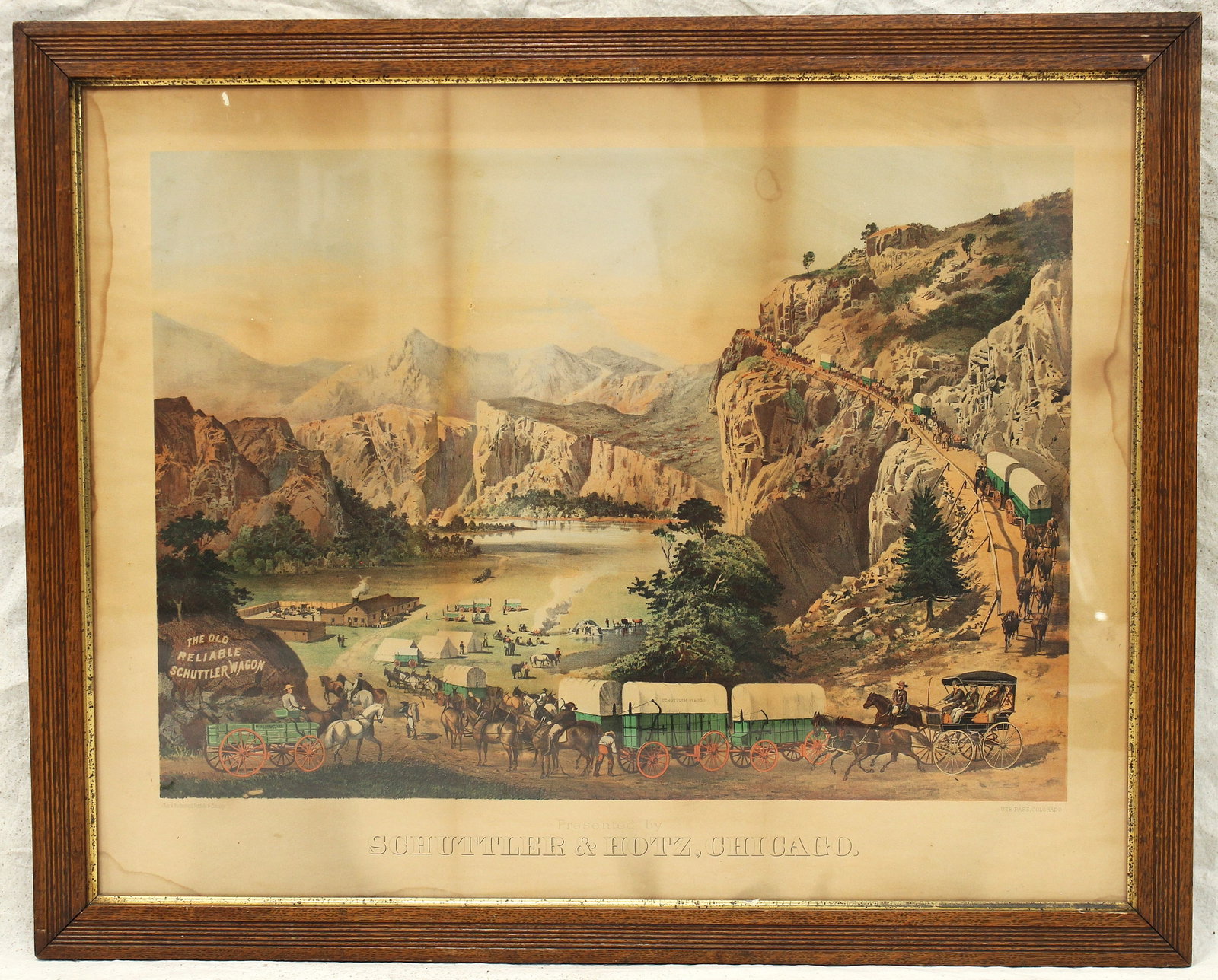 Peter Shuttler Wagon Advertisement: Very popular 19th Century wagon advertisement lithograph with great wagon scene, and creative brand name placement. Measuring 31”x 25”.