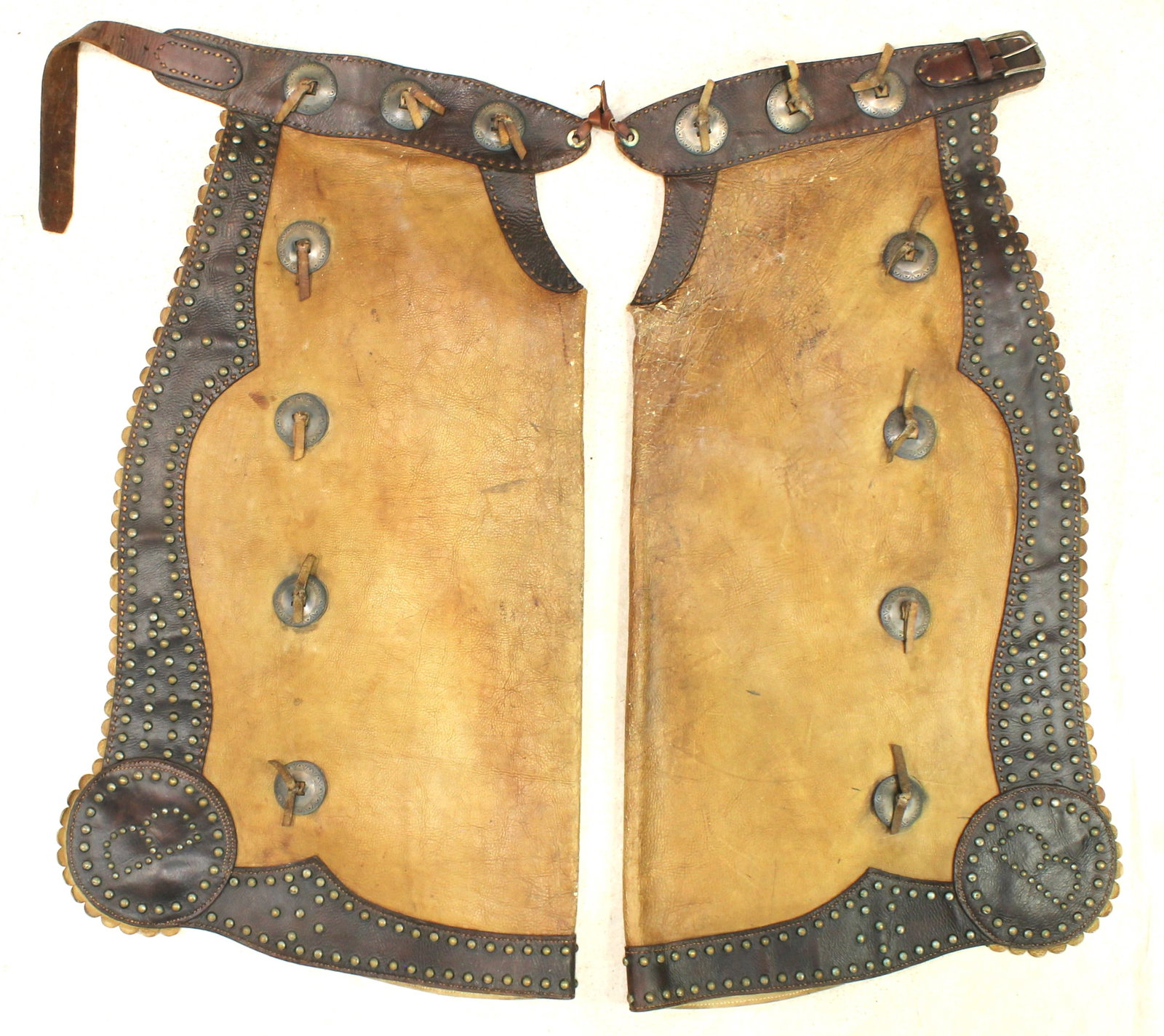 Studded Batwing Chaps: Pair of interesting batwing chaps with extensive stud pattern on two-tone leather, scalloped edges, and fantastic large Navajo made conchas. Strong presence and eye appeal.