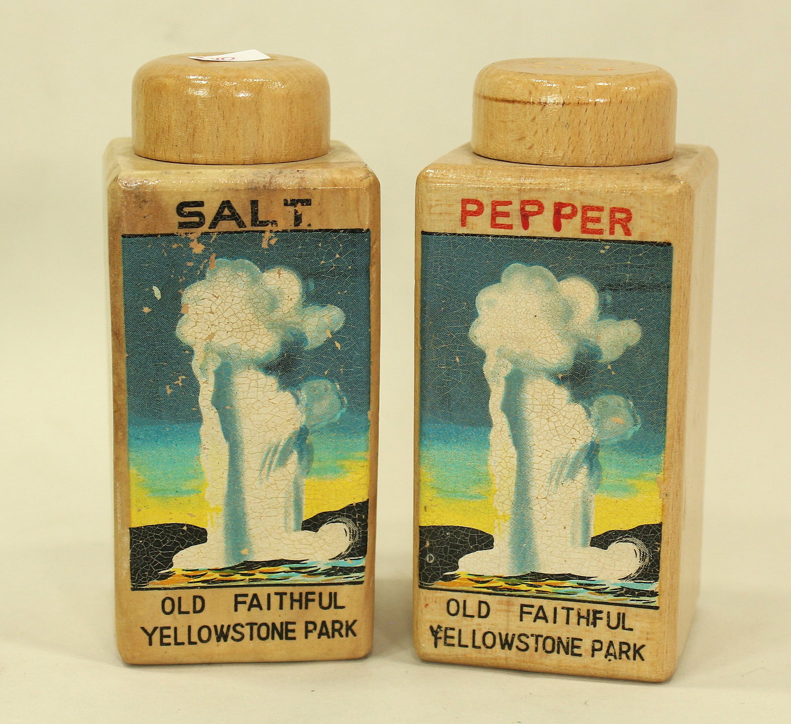 Yellowstone Park Souvenier: A set of vintage souvenier wooden salt and pepper shakers, from Yellowstone Park.