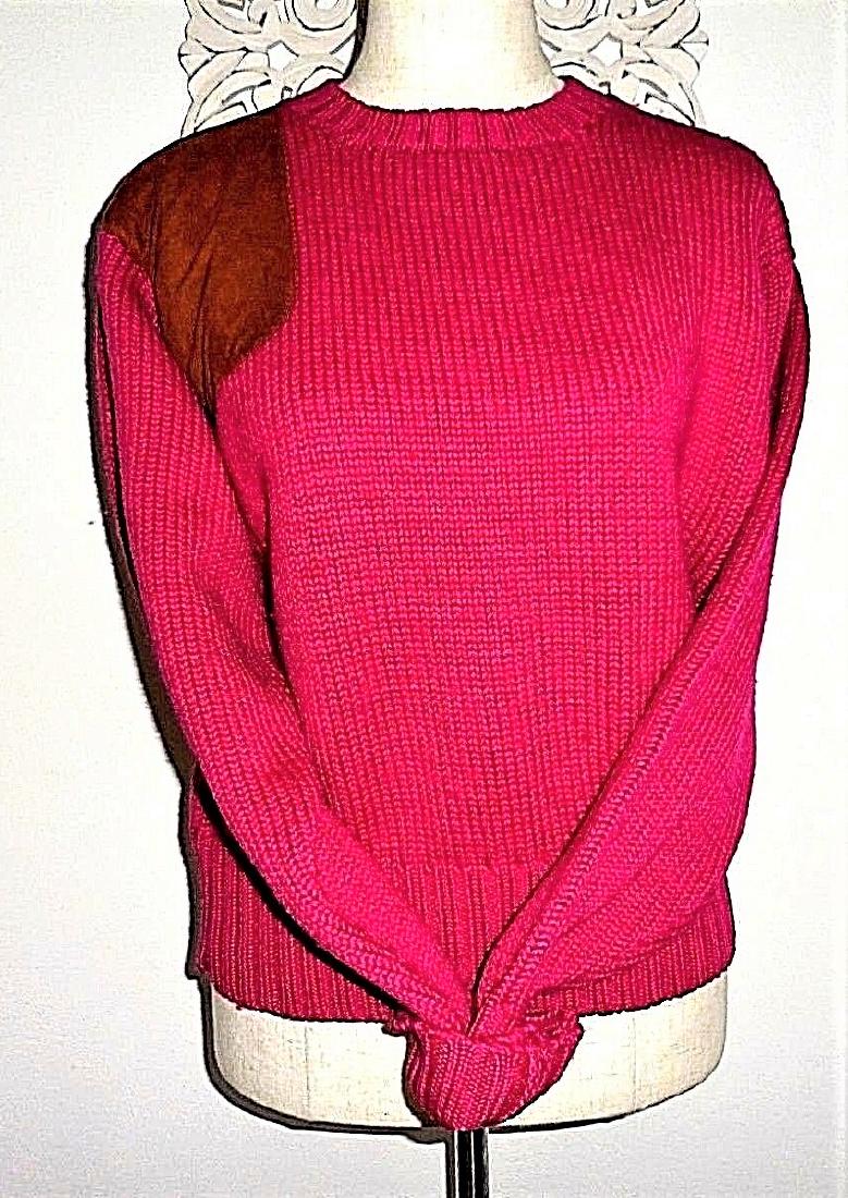 Vintage Ralph Lauren Wool Fuchsia Sweater Suede Patch (1 of 3)