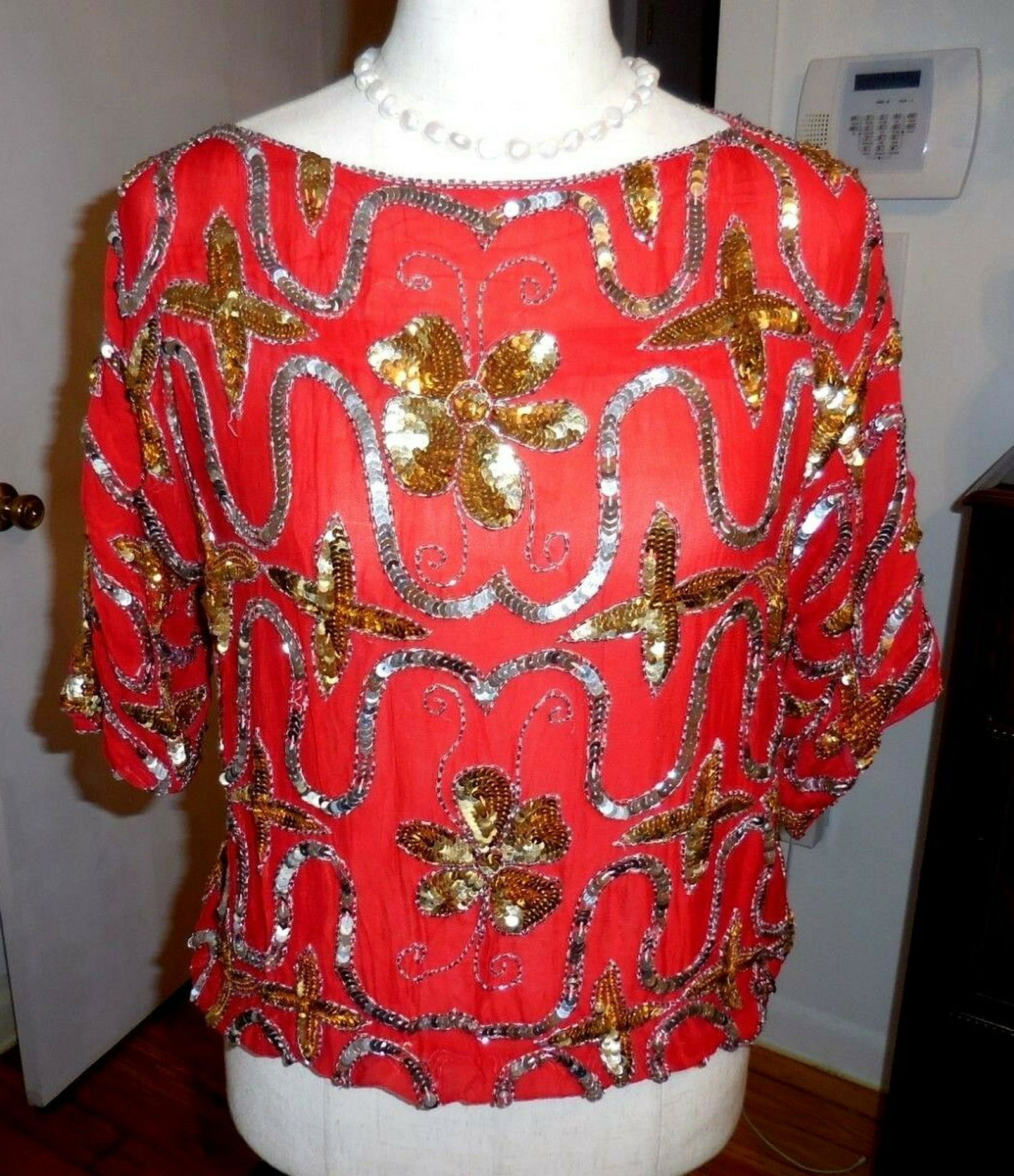 Floral sequins on red silk top sz L (1 of 5)