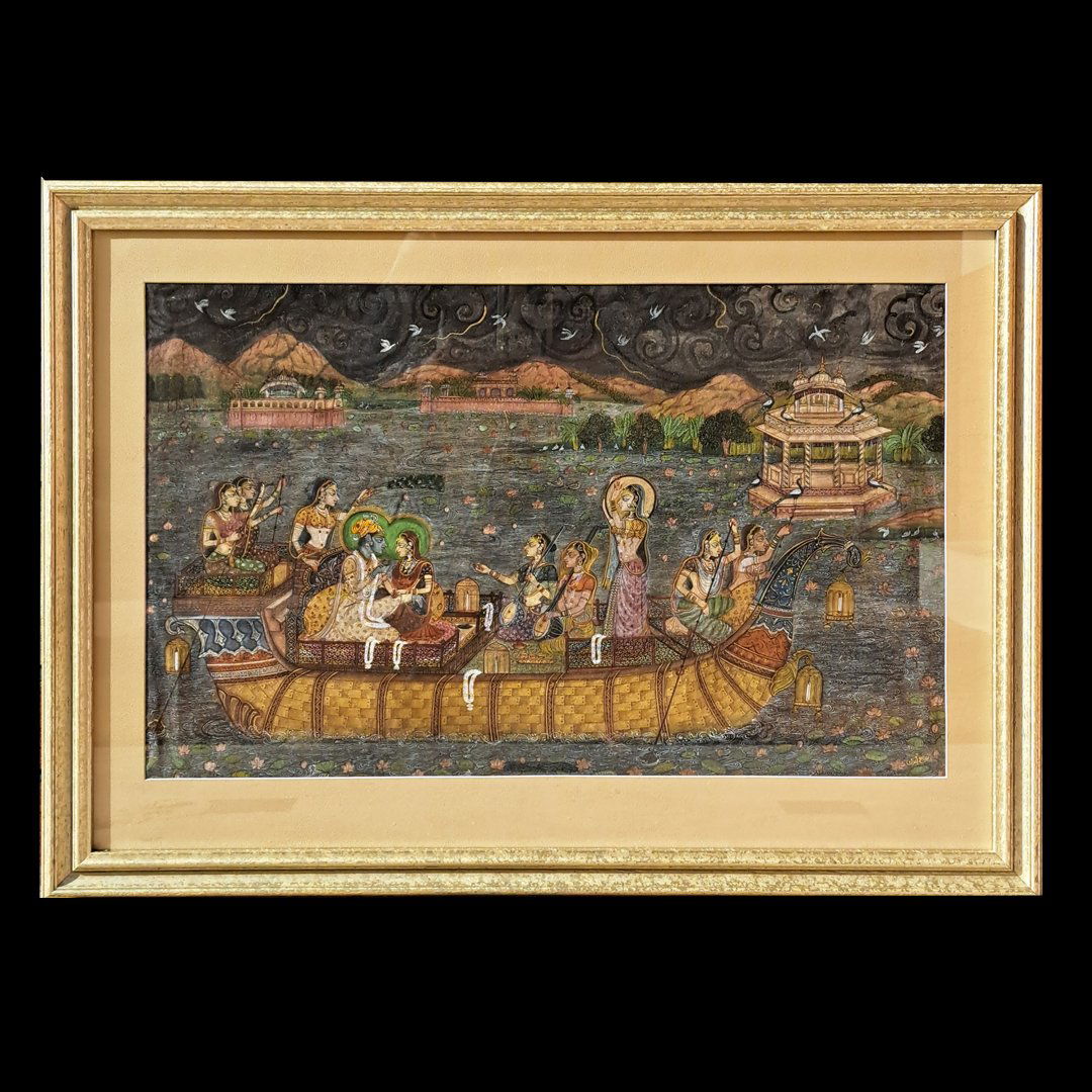 19TH CENTURY PAINTING DEPICTING RADHA & KRISHNA ON A BOAT WITH FOLLOWERS- PAINTING SIZE 36 X 57 CM, (1 of 1)
