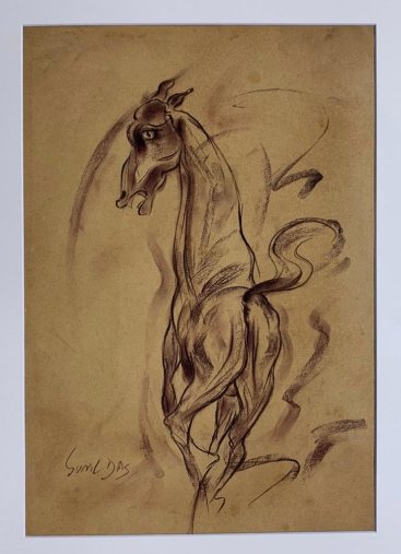 Sunil Das: "This artwork is a 21"" x 14.5"" charcoal and pastel drawing on paper by the Indian artist Sunil Das. The piece showcases Das's ability to create depth and texture through his use of shading and his m