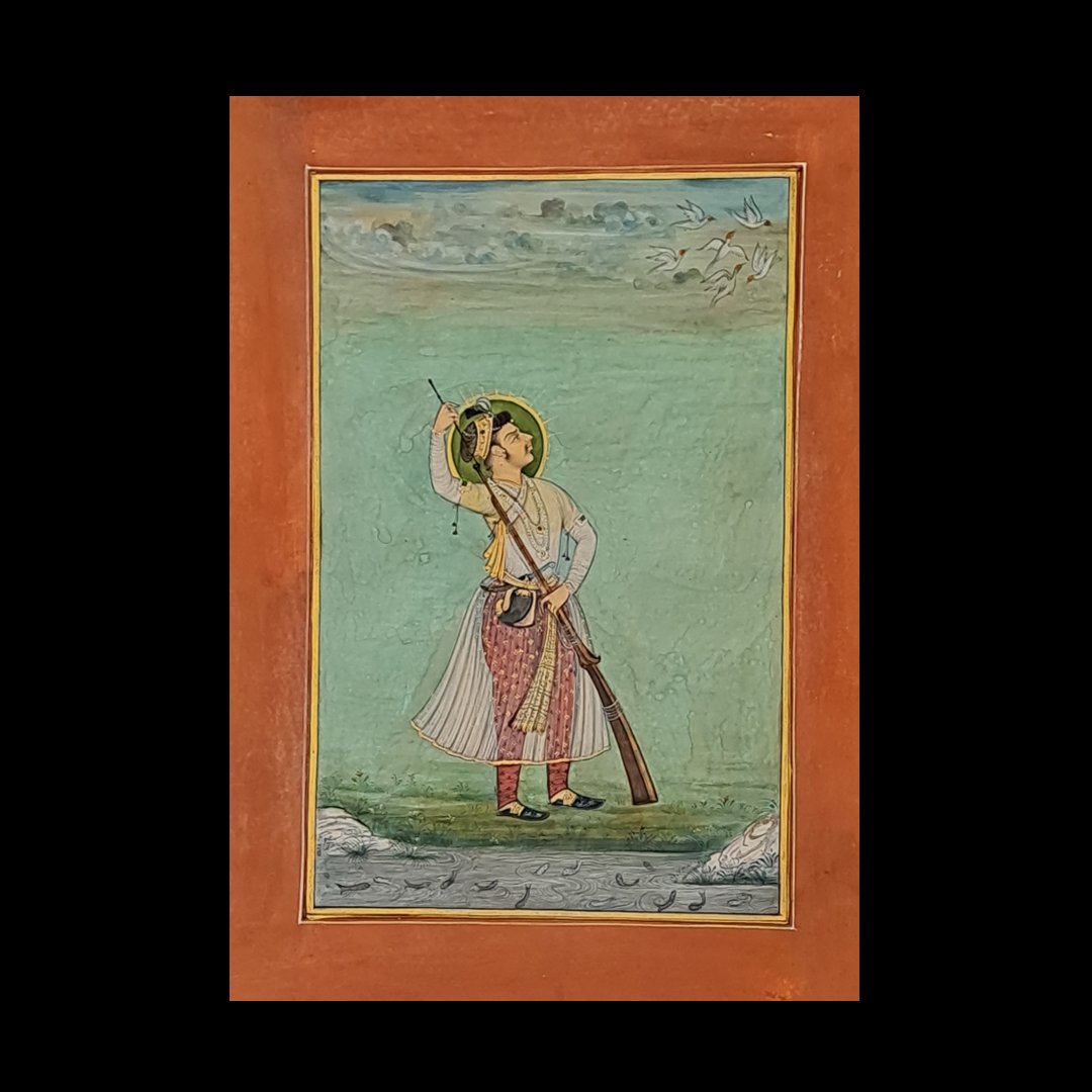 MUGHAL Painting - PAINTING DEPICTING YOUNG PRINCE SHAH SHUJA: "This Mughal painting depicts a young Prince Shah Shuja, likely from the 17th century. The artwork displays the artist's exquisite skill in capturing elaborate details, particularly in the figure's fl