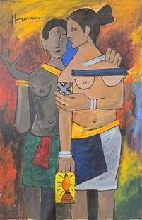Maqbool Fida Husain - Untitled (Figures with Lamp): Maqbool Fida Husain (1915–2011)Untitled (Figures with Lamp)Oil on Canvas, 36" x 24"Signed "Husain" (upper left)This vibrant and emotive painting by M.F. Husain captures his unmistakable style, mergi