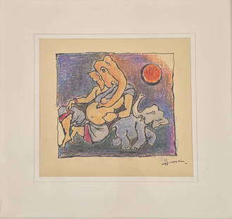 Maqbool Fida Husain - Untitled (Ganesha with Elephant and Calf): Maqbool Fida Husain (1915–2011)Untitled (Ganesha with Elephant and Calf)Mixed Media on Paper, 12.5" x 11"Signed "Husain" (lower right)Accompanied by Certificate of Authenticity (COA)This vibrant and