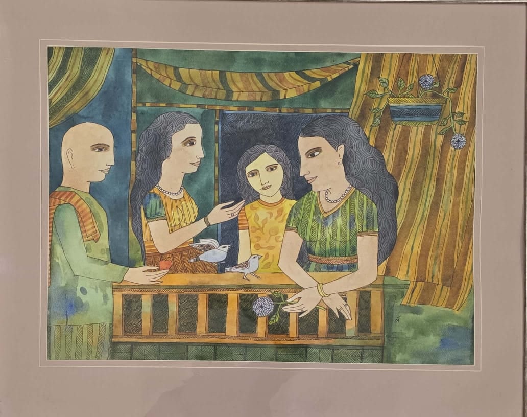 Badri Narayan - Untitled (Family Scene): Badri Narayan (1929–2013)Untitled (Family Scene)Watercolor and Ink on Paper, 22" x 29.5"Accompanied by Certificate of Authenticity (COA)This charming and richly detailed painting by Badri Narayan ca