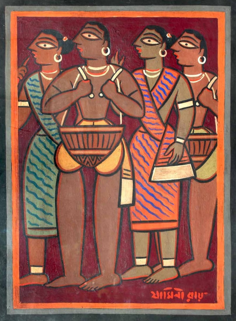 Jamini Roy - Untitled (Tribal Musicians): Jamini Roy (1887–1972)Untitled (Tribal Musicians)Tempera on Board, 20" x 14.5"Signed (lower right)This vibrant and iconic work by Jamini Roy depicts a group of tribal musicians engaged in performanc