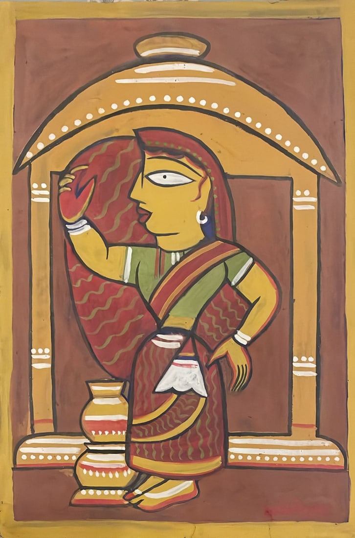 Jamini Roy: This striking tempera on paper painting by Jamini Roy, one of the pioneers of modern Indian art, beautifully exemplifies his distinctive folk-inspired style. The composition features a graceful Bengal