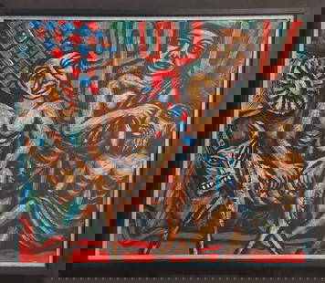 Rabin Mondal - Untitled: Artist: Rabin Mondal (1929-2019)Title: AncestorsMedium: Acrylic on CanvasDimensions: 36 x 42 inchesSigned by the ArtistRabin Mondal’s Ancestors is a powerful and deeply evocative work that continues