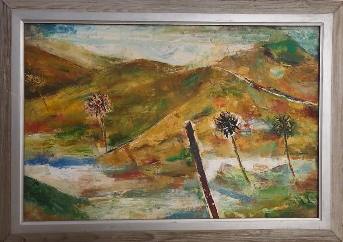 Ram Kumar - Untitled: Oil on CanvasThis evocative landscape by Ram Kumar, one of India’s foremost modernists, exemplifies his signature style of abstracted topographies infused with deep emotional resonance. Painted in 2