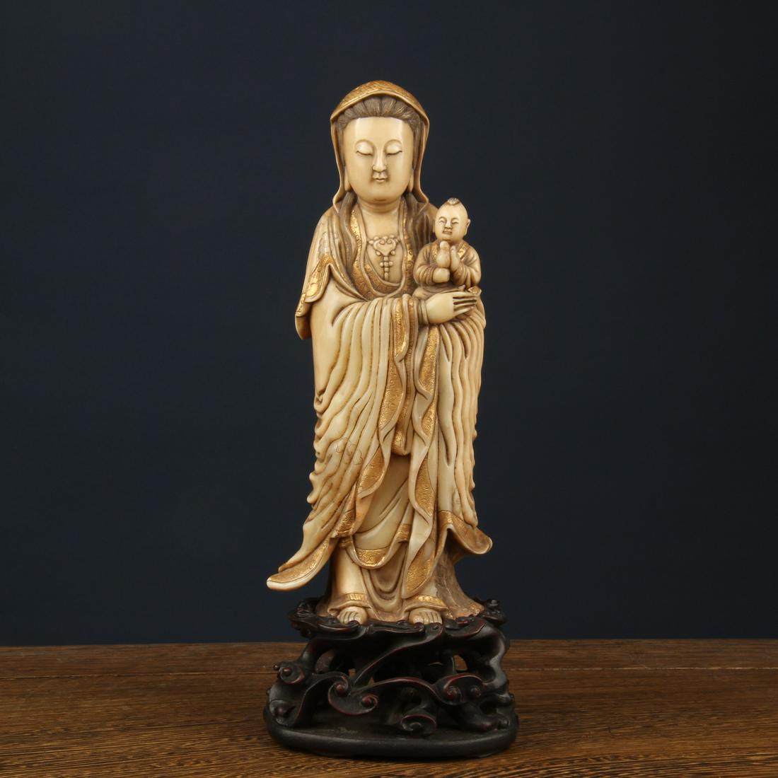 Chinese Carved Shoushan Stone Gilded Guanyin Statue (1 of 10)