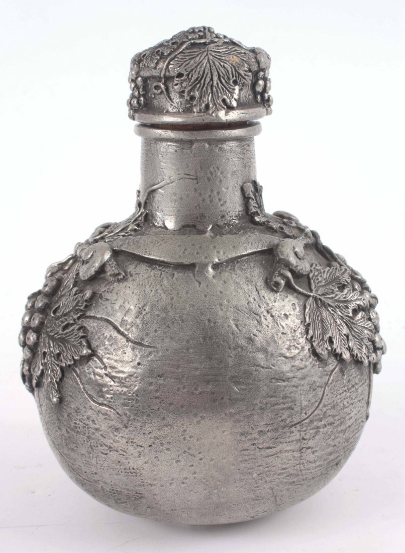 PEWTER CHINESE BOTTLE WITH STOPPER: PEWTER CHINESE BOTTLE WITH STOPPER 17cm high.