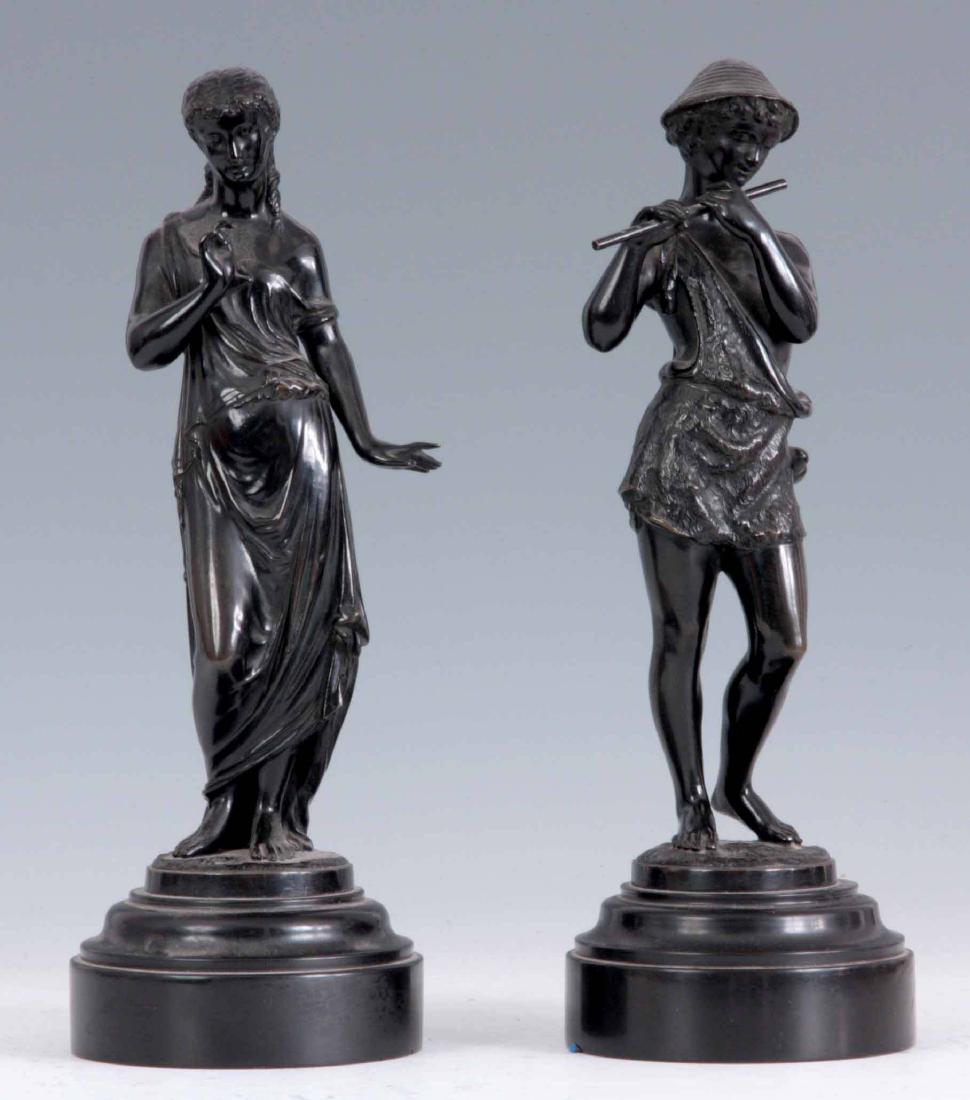 RICHARD A PAIR OF LATE 19TH CENTURY FRENCH PATINAT: RICHARD A PAIR OF LATE 19TH CENTURY FRENCH PATINATED BRONZE SCULPTURES modelled as a young men playing the flute and a classical maiden, both mounted on turned marble bases 32.5cm high - signed