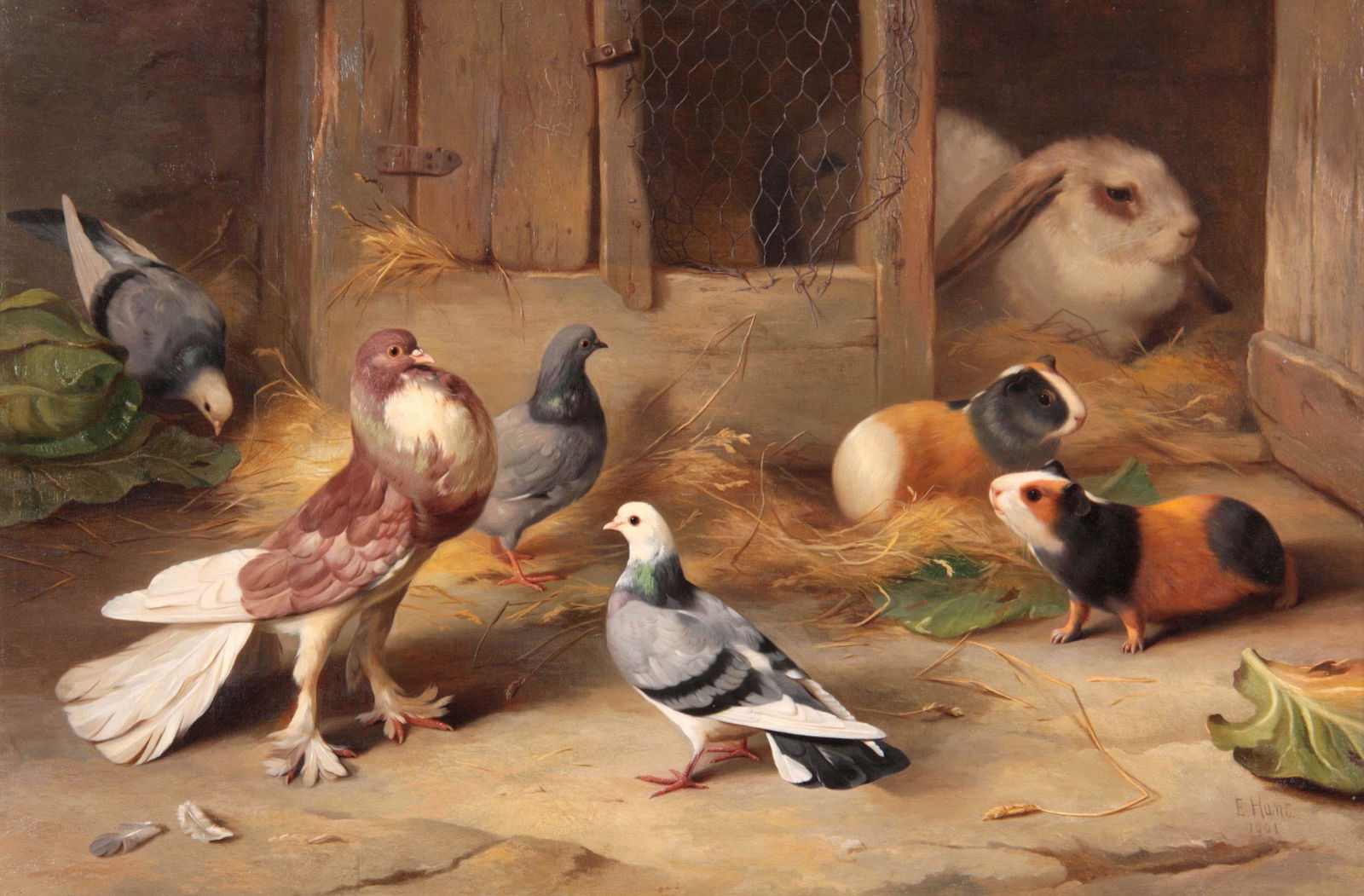 EDGAR HUNT (1876-1953) OIL ON CANVAS. Titled Home: EDGAR HUNT (1876-1953) OIL ON CANVAS. Titled Home pets, depicting pigeons, rabbit, and guinea pigs 50cm high, 75cm wide - signed and dated 1901 and mounted in a gilt decorative moulded frame