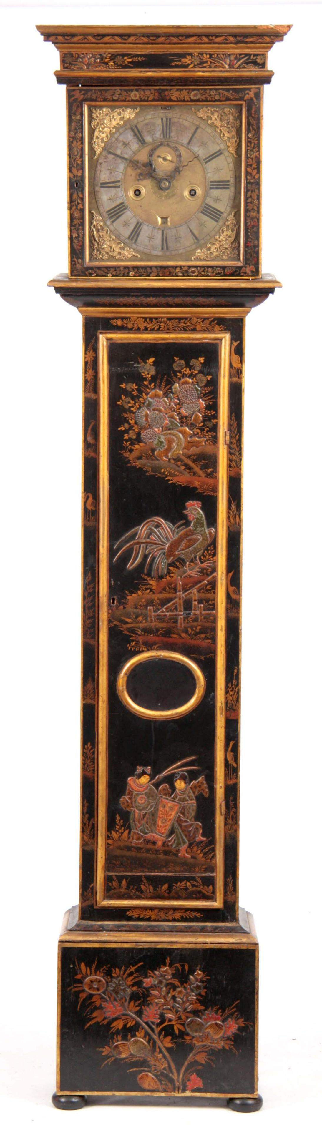 DANIEL QUARE, LONDON. A RARE LATE 17th CENTURY MON: DANIEL QUARE, LONDON. A RARE LATE 17th CENTURY MONTH DURATION BLACK LACQUER AND CHINOISERIE LONGCASE CLOCK the case with moulded pediment and glazed hood door, originally a rising hood, on slim trunk