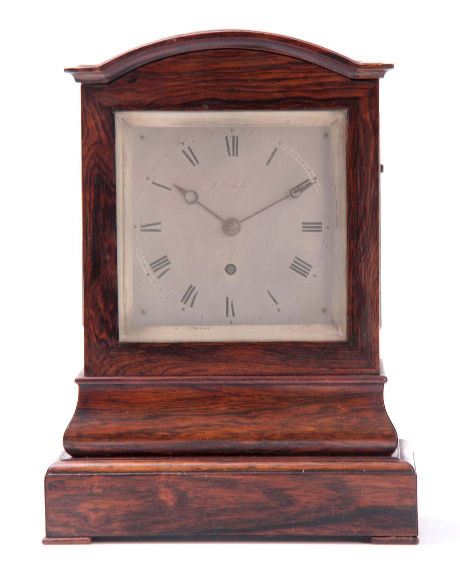 JOHN WRIGHT, LONDON. A SMALL MID 19th CENTURY ENGL: JOHN WRIGHT, LONDON. A SMALL MID 19th CENTURY ENGLISH ROSEWOOD FUSEE MANTEL CLOCK having an arched top case above bevelled glass panels on an ogee moulded base, the 4.5" silvered engraved dial with Ro