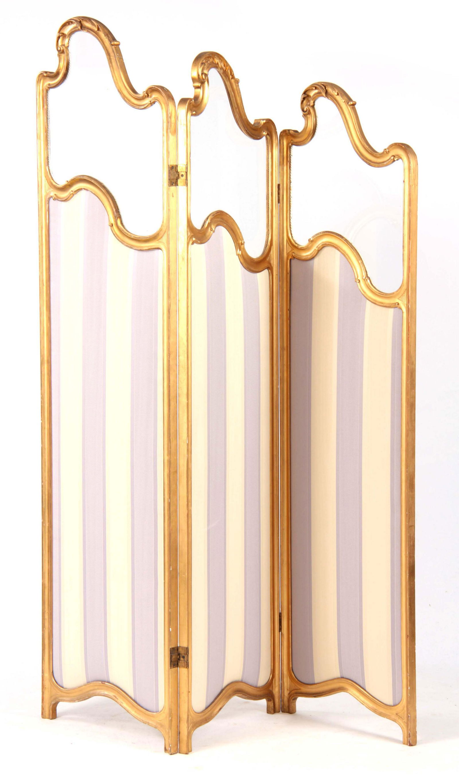A 19TH CENTURY GILT GESSO GRADUATED THREE FOLD SCR: A 19TH CENTURY GILT GESSO GRADUATED THREE FOLD SCREEN in the French rococo manner with glazed upper parts above striped upholstered panels 175cms high 48cms wide (each section)