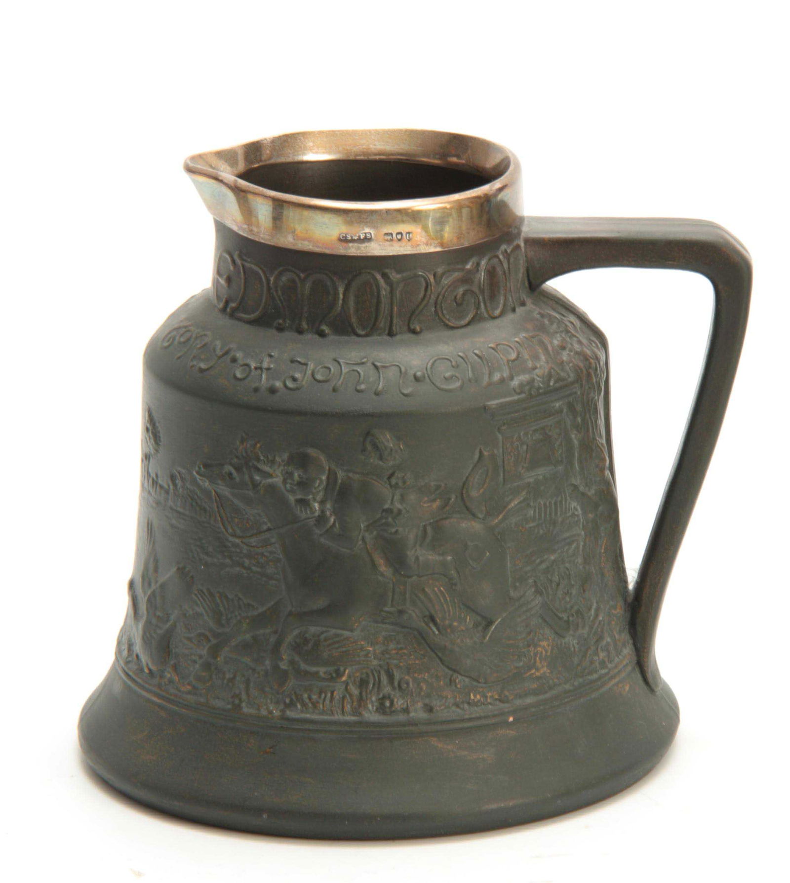 A LATE 19TH CENTURY MACINTYRE BURSLEM BELL-SHAPED: A LATE 19TH CENTURY MACINTYRE BURSLEM BELL-SHAPED SHOULDERED JUG WITH SILVER RIM the dark olive green relief moulded body with a continuous scene depicting ""The diverging history of John Gilpin"" by