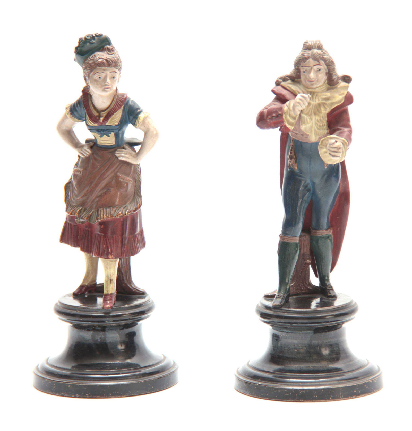 A PAIR OF JOHANN MARESCH AUSTRIAN POLYCHROME TERRACOTTA: A PAIR OF JOHANN MARESCH AUSTRIAN POLYCHROME TERRACOTTA FIGURES each in a standing pose wearing colourful costume on circular black plinth bases 21.5cms high - impressed marks JM 66/67