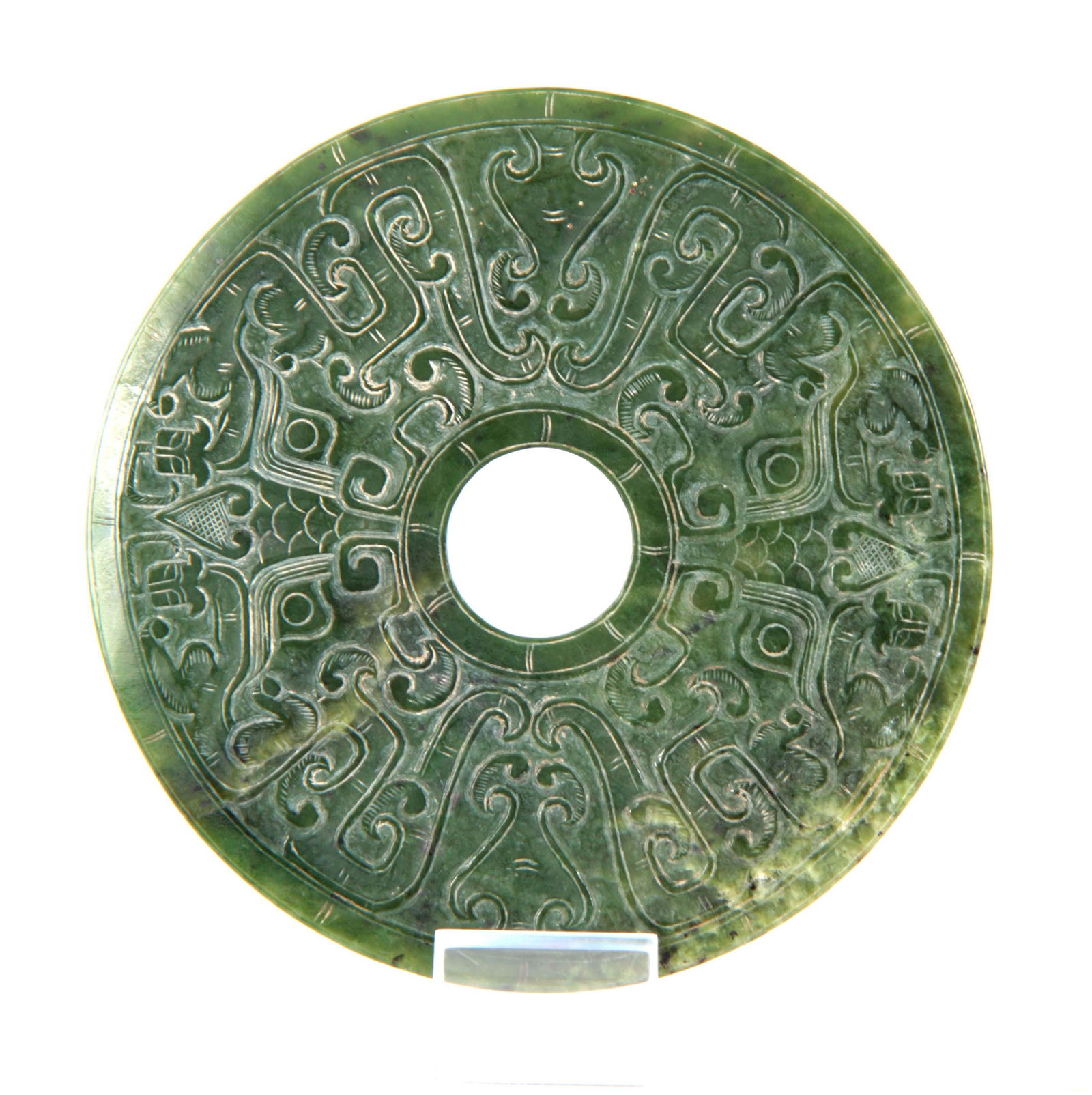 A CHINESE SHALLOW CARVED SPINACH JADE PI decorated (1 of 1)