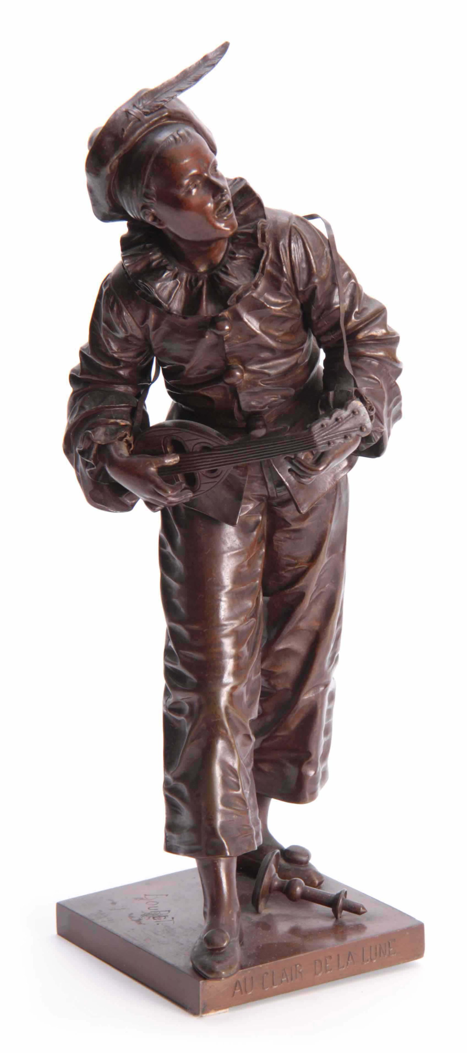 EUTROPE BOURET AU CLAIR DE LUNE (1833-1906) A PATI: EUTROPE BOURET AU CLAIR DE LUNE (1833-1906) A PATINATED BRONZE SCULPTURE modelled as a Pierrot playing the mandolin standing on a square plinth with a fallen candlestick, the base inscribed 'AU CLAIR