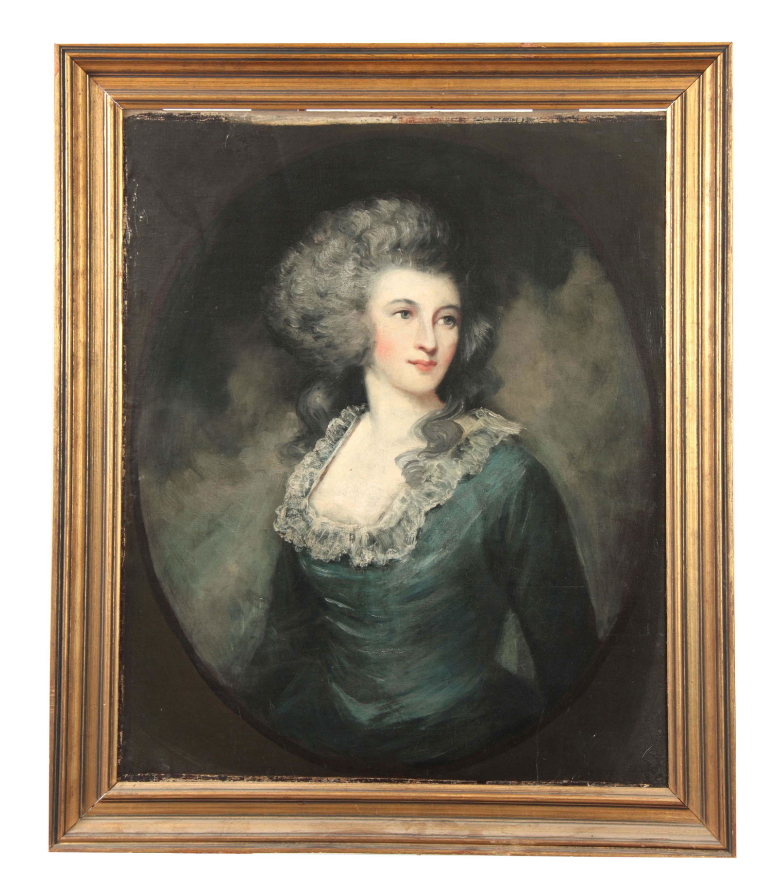 A 19TH CENTURY OIL ON CANVAS. PORTRAIT OF A LADY I: A 19TH CENTURY OIL ON CANVAS. PORTRAIT OF A LADY IN THE MANNER OF JOHN CONSTABLE 76cm high 64cm wide - in a modern gilt frame