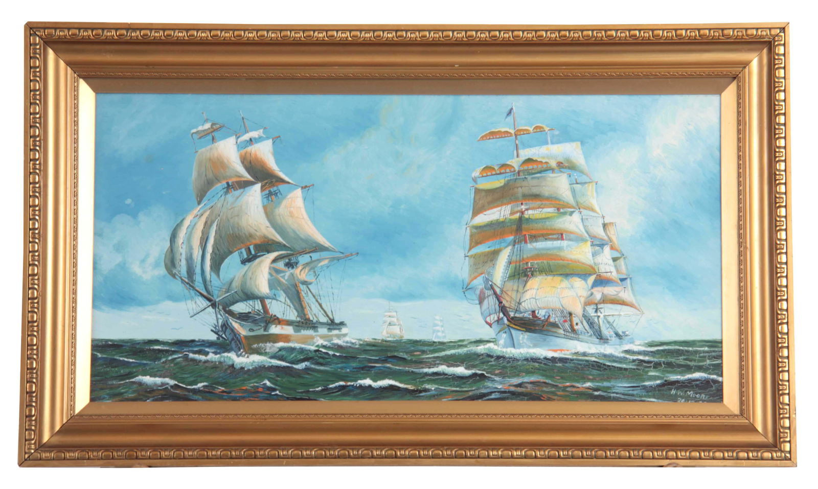 H W MOORE OIL ON BOARD depicting two galleons in f (1 of 1)