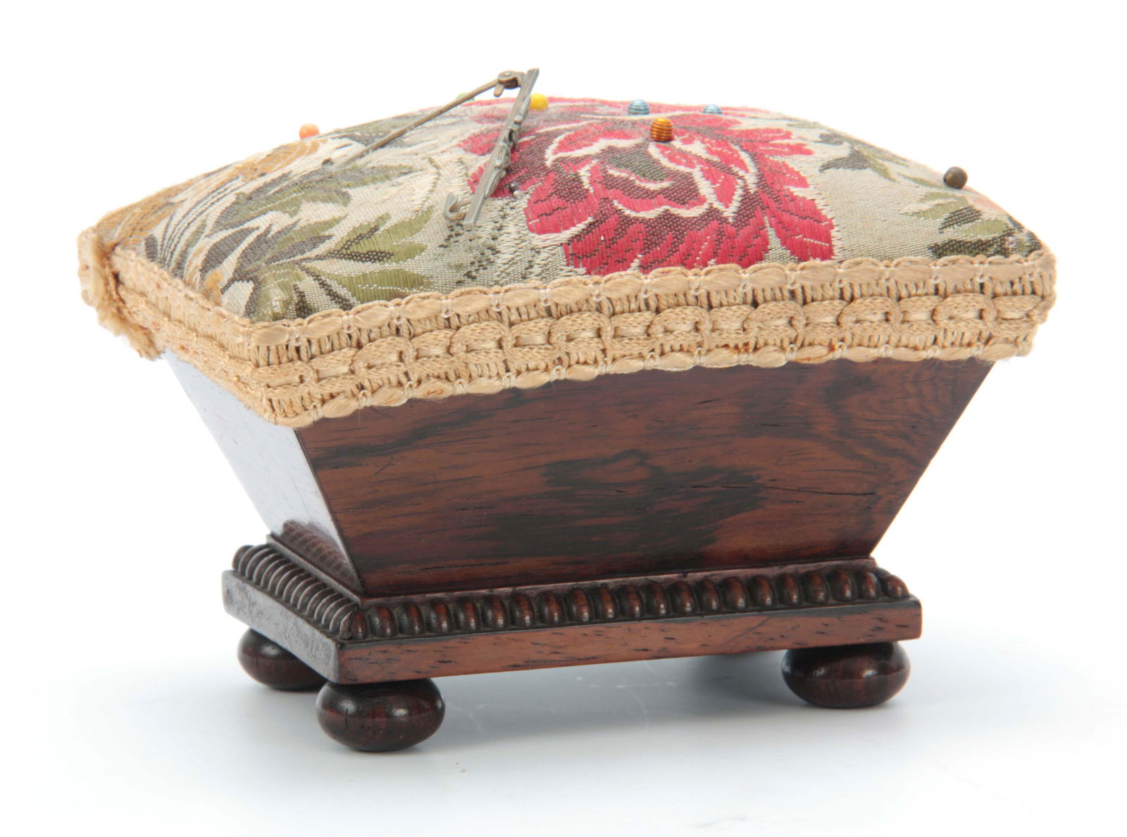 AN EARLY VICTORIAN ROSEWOOD PIN CUSHION having cha (1 of 1)