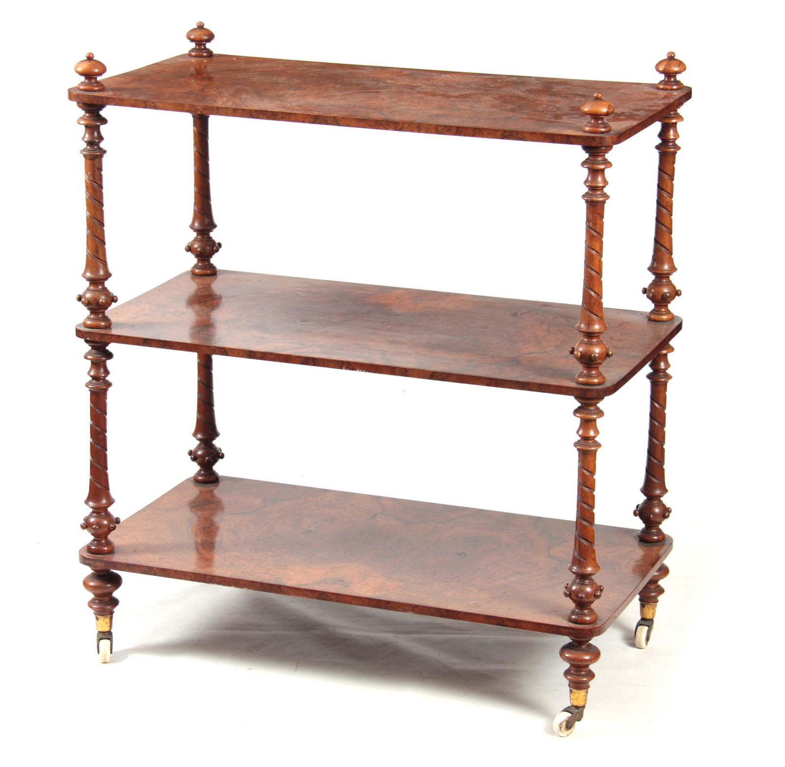 A VICTORIAN BURR WALNUT THREE TIER WHATNOT with ro (1 of 1)