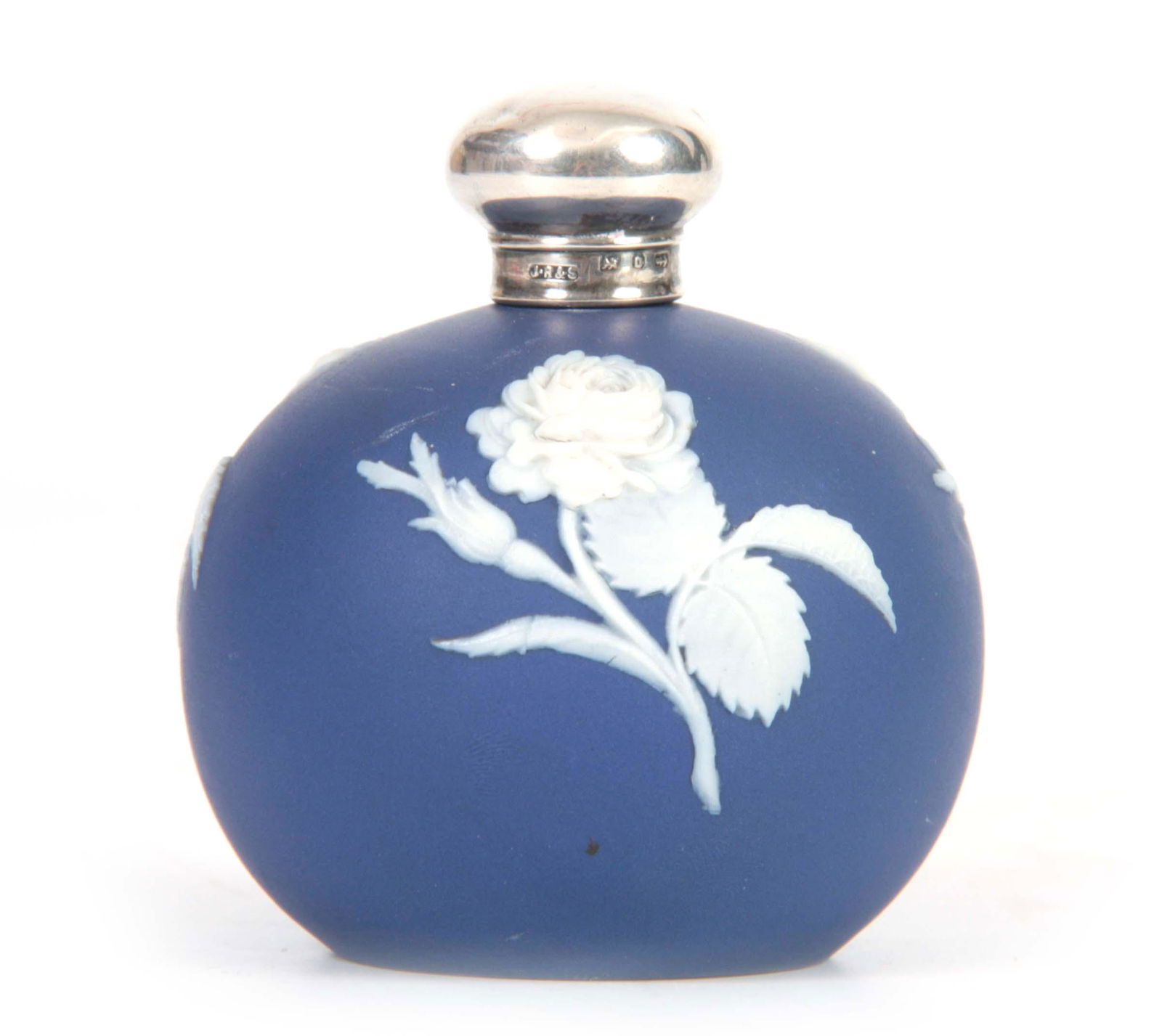 A 19th CENTURY SILVER TOPPED JASPERWARE SCENT BOTT: A 19th CENTURY SILVER TOPPED JASPERWARE SCENT BOTTLE with relief rose decoration and impressed marks to the base 'BPO' and numbered '3751' the silver top with threaded fixing 6.5cm high