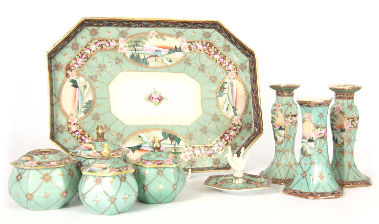 A JAPANESE NORITAKE TRINKET SET having a duck egg: A JAPANESE NORITAKE TRINKET SET having a duck egg blue ground and floral band decoration inset with landscape scenes, 9 pieces in total