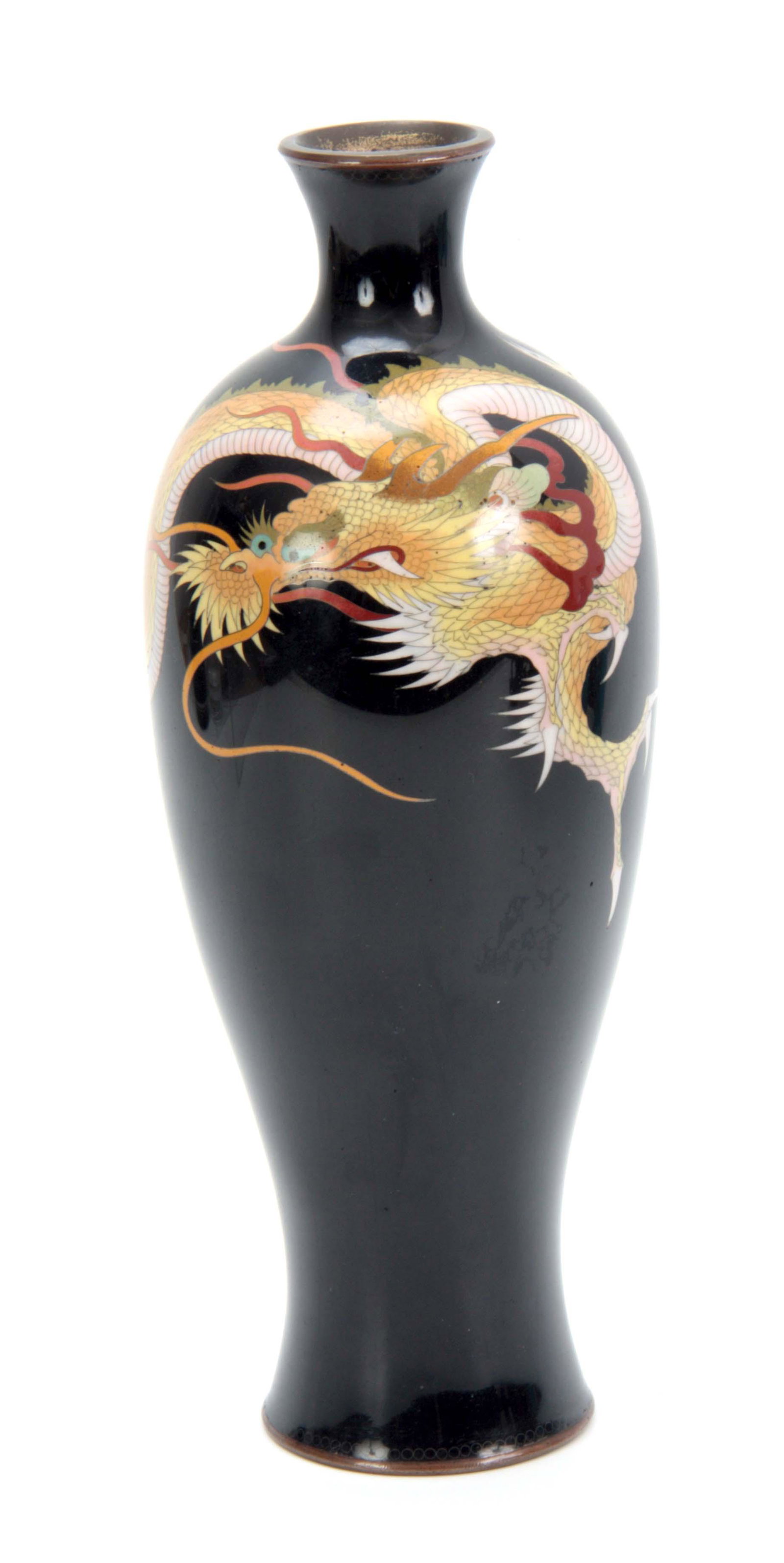 A MEIJI PERIOD JAPANESE CLOISONNE VASE having a da: A MEIJI PERIOD JAPANESE CLOISONNE VASE having a dark blue ground decorated with an entwined dragon 24cm high.