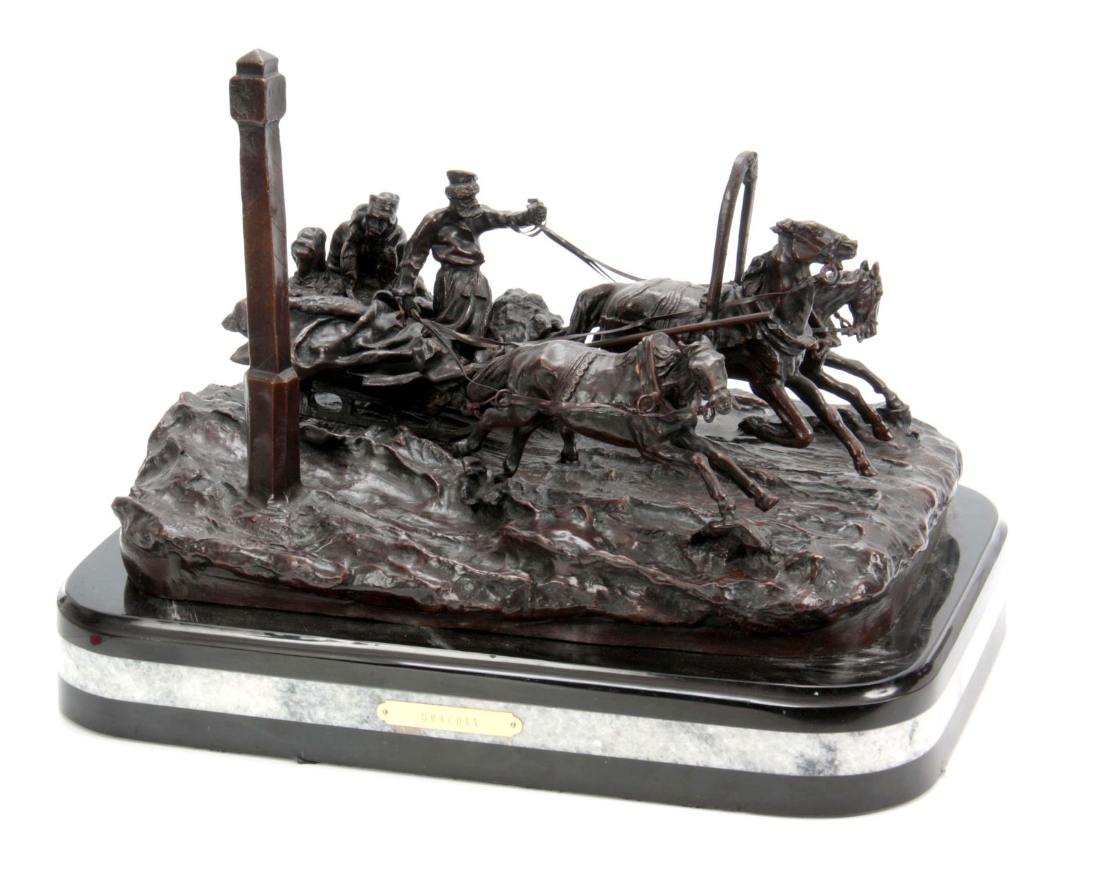 AFTER VASILY GRACHEV (1831-1905) A LARGE 20TH CENT: AFTER VASILY GRACHEV (1831-1905) A LARGE 20TH CENTURY RUSSIAN BRONZE SCULPTURE TITLED 'THE MILEPOST' signed Vasily Grachev - mounted on slate and marble rounded base 46cm wide 32cm deep.