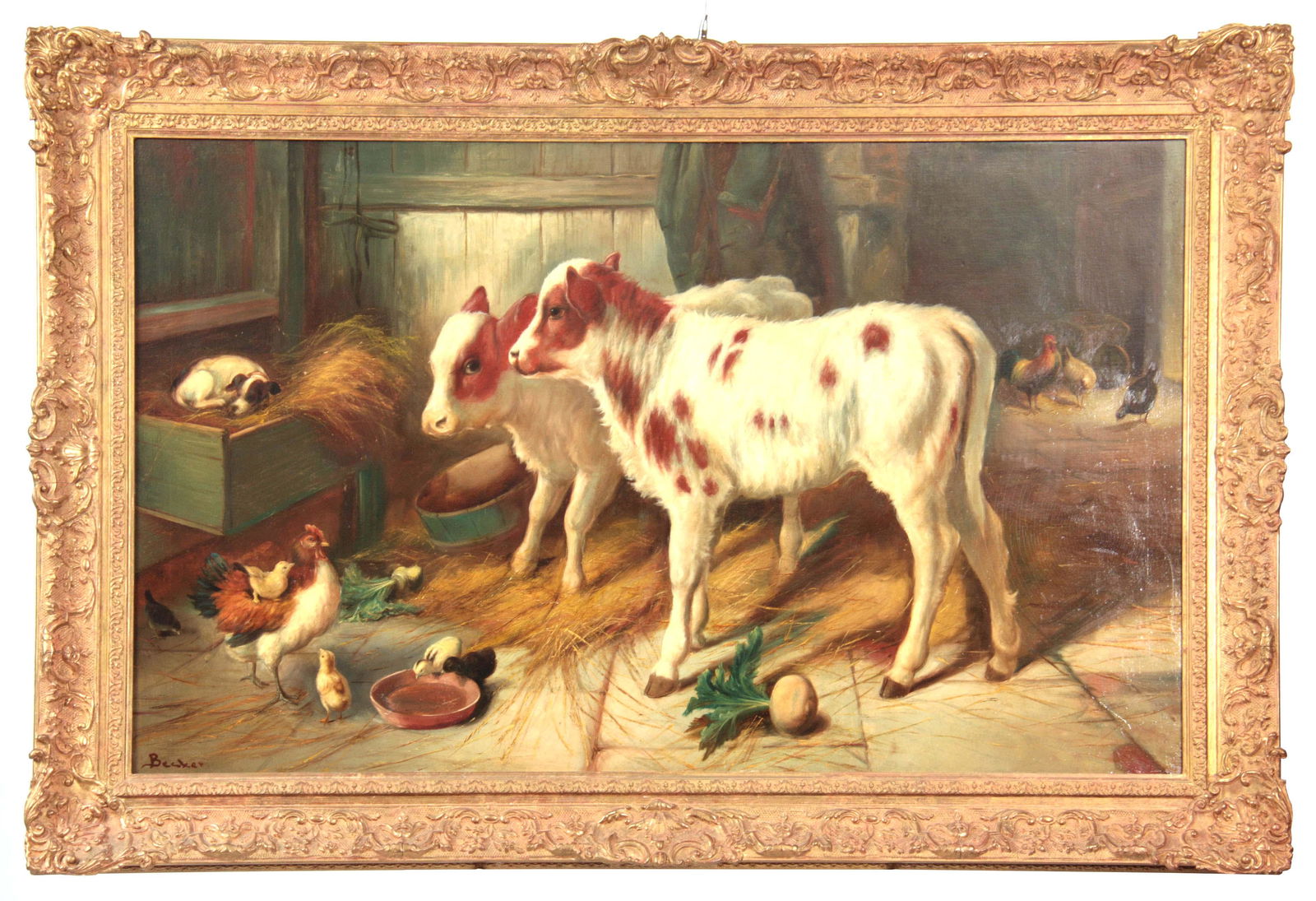 BECKER 19TH CENTURY OIL ON RELINED CANVAS in the m: BECKER 19TH CENTURY OIL ON RELINED CANVAS in the manner of Edgar Hunt - Farmyard scene with calves, poultry and a dog in a stable setting 75cm high 125cm wide signed ornate leaf moulded gilt frame