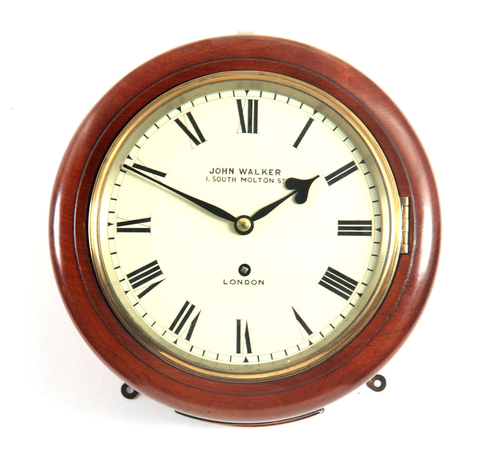 JOHN WALKER, 1 SOUTH MOLTON ST. LONDON A MID 19TH: JOHN WALKER, 1 SOUTH MOLTON ST. LONDON A MID 19TH CENTURY 8" DIAL MAHOGANY WALL CLOCK the case with moulded surround and cast brass bezel enclosing an 8" painted dial with Roman numerals fronting an e