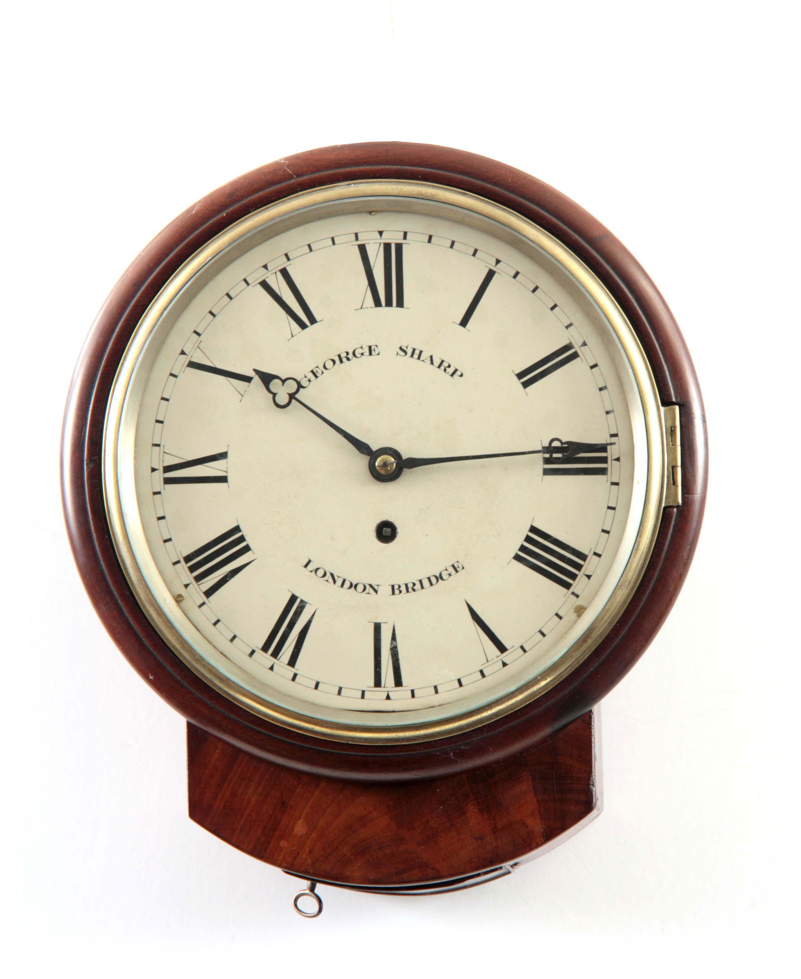 GEORGE SHARP, LONDON BRIDGE A MID 19TH CENTURY 10: GEORGE SHARP, LONDON BRIDGE A MID 19TH CENTURY 10" DROP DIAL WALL CLOCK the figured mahogany case having a curved base and moulded surround with cast brass bezel enclosing a 10" painted dial with Roma