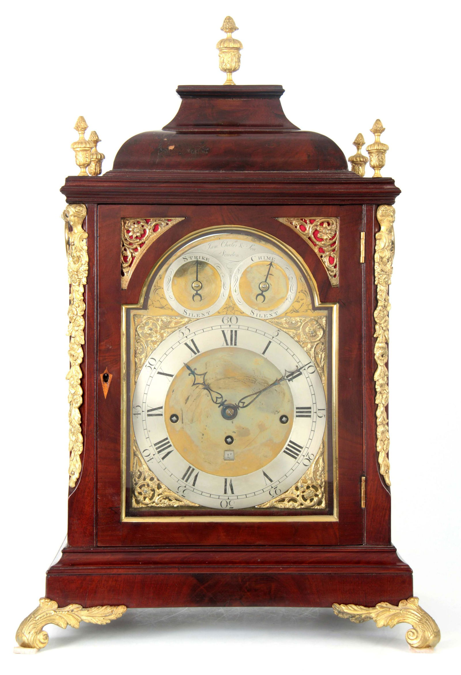 JAMES CHATER & SON LONDON A GEORGE III FIGURED MA: JAMES CHATER & SON LONDON A GEORGE III FIGURED MAHOGANY AND ORMOLU MOUNTED THREE TRAIN VERGE BRACKET CLOCK the inverted bell top case with corner finials, brass side carrying handles, sound frets and