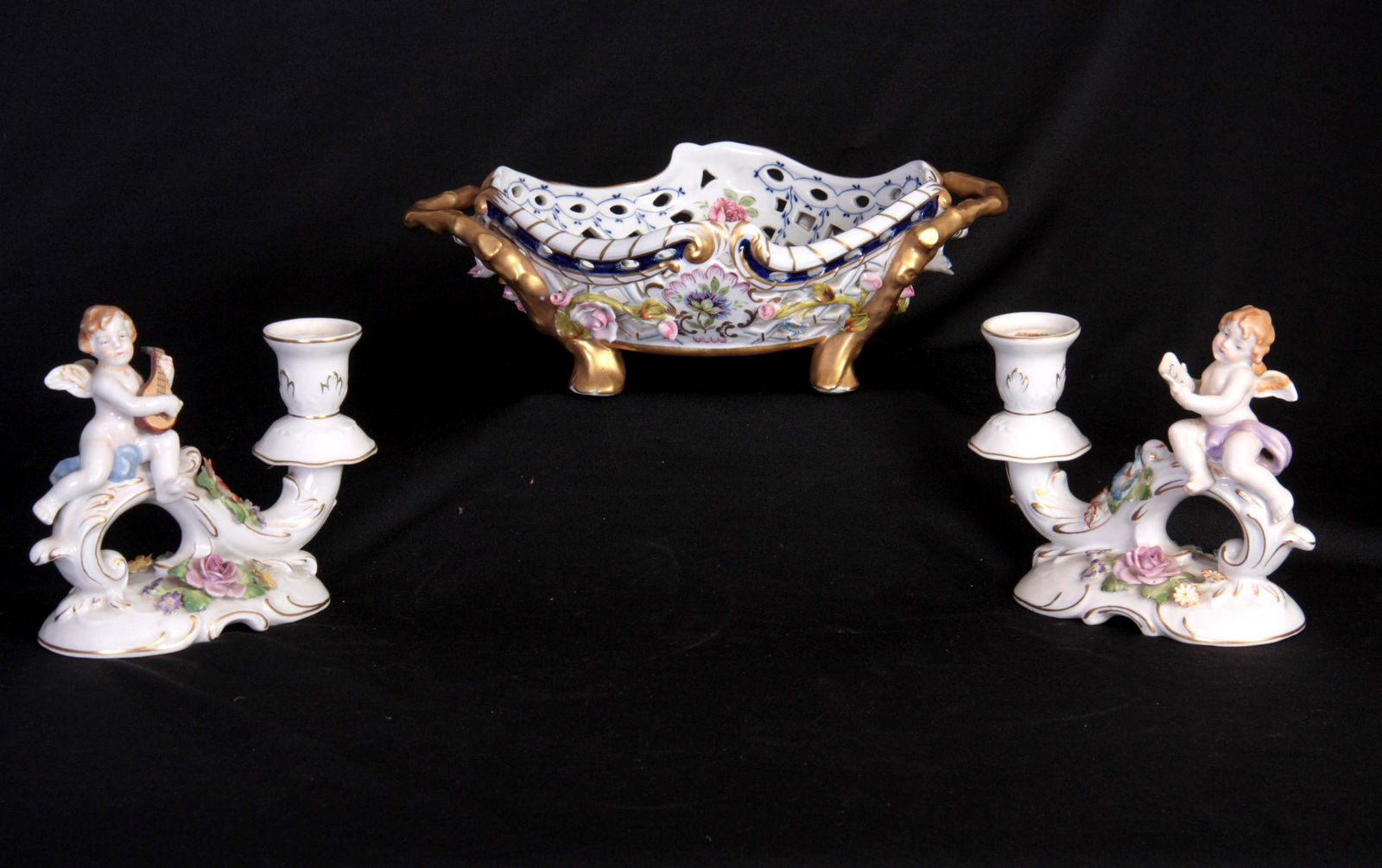 A SEVRES STYLE GILT HANDLED OVAL PIERCED DISH pain (1 of 1)