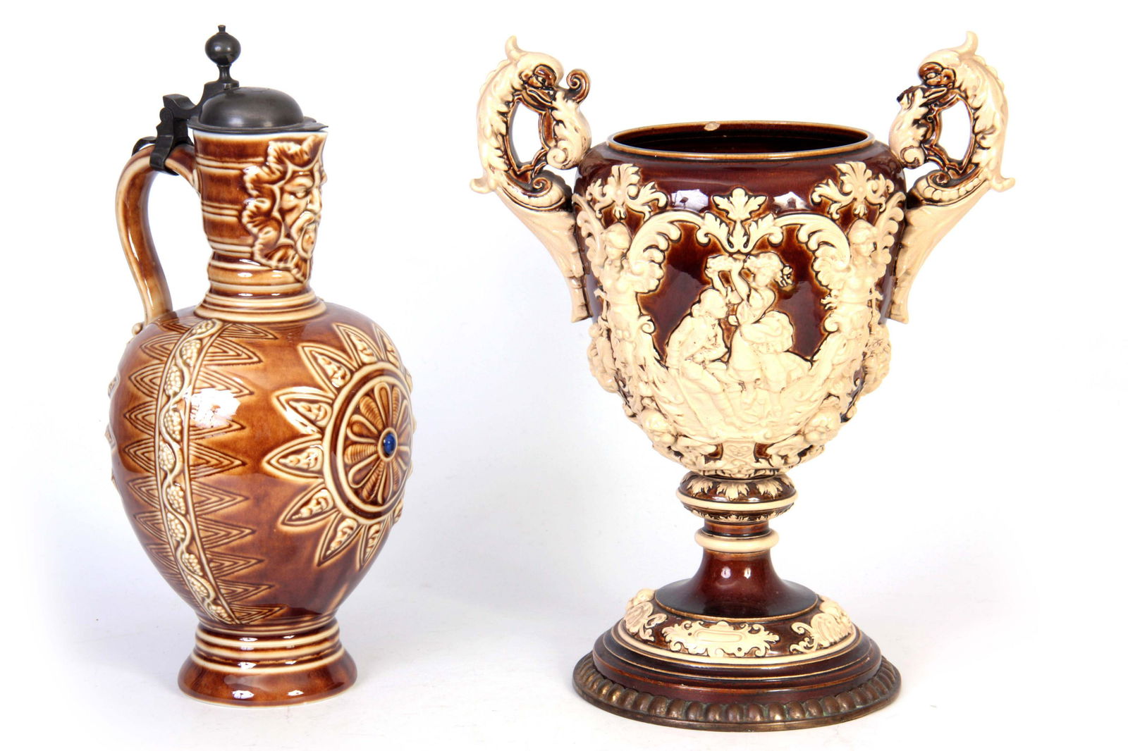 A GERMAN KPM BROWN GLAZED OVOID FLAGGON WITH HINGE (1 of 1)