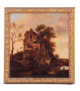 FOLLOWER OF KLAES MOLENAER 19TH CENTURY OIL ON CAN: FOLLOWER OF KLAES MOLENAER 19TH CENTURY OIL ON CANVAS Landscape with figures on a river 52cm high, 48cm wide - unsigned, in a gilt moulded frame