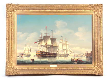 SALVATORE COLACICCO Born 1935. A LARGE OIL ON BOA: SALVATORE COLACICCO Born 1935. A LARGE OIL ON BOARD. A British Man of War ship at anchor off Malta 59.5cm high, 90cm wide - signed and in decorative gilt moulded frame