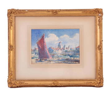 BLANCHE ODIN 1865-1957 WATERCOLOUR. Old gallery l: BLANCHE ODIN 1865-1957 WATERCOLOUR. Old gallery label on reverse titled 'St. Jean de Luz, Le Port' 21cm high, 28.5cm wide - signed and mounted in a glazed gilt swept frame